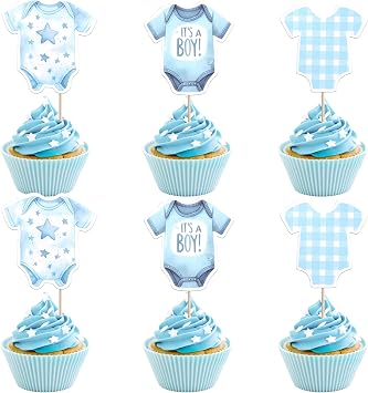 36 PCS Bodysuit Cupcake Toppers Double Sided Its a Boy Cupcake Picks Blue Gingham Theme Party Decorations for Boys Kids Birthday Gender Reveal Baby Shower Party Cake Decorations Supplies