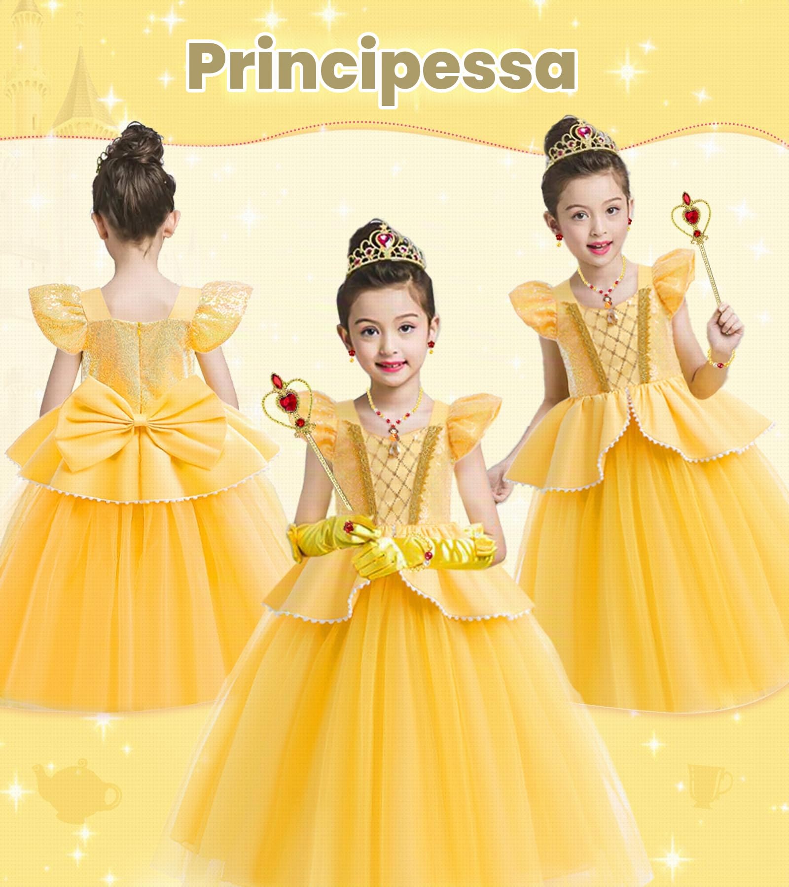 Vestito Principessa Bambina, Costume Rosa Bella e la Bestia con Set Corona Principessa, Bella Costume Carnevale per Regalo Bambina, Costume Bella e la Bestia per Compleanno Cosplay