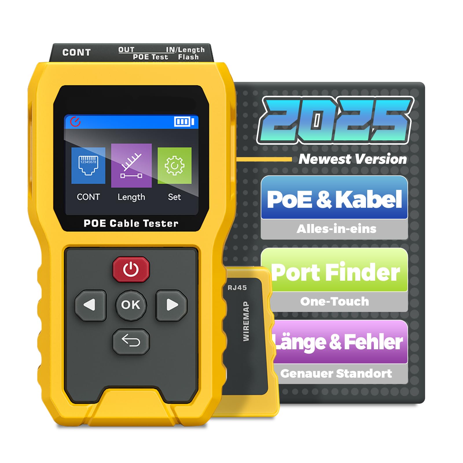 PoE-Kabeltester NF-8504, IEEE 802.3af/at/bt Kompatibel, 2,4" Farbdisplay & 2000-mAh-Akku