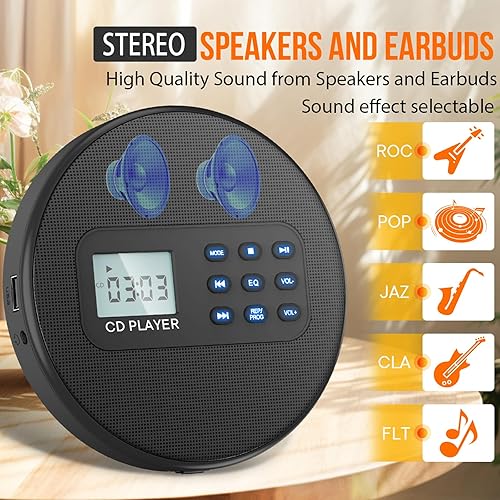 Miniatura 5 de KUEPHOM Reproductor de CD portátil para coche Reproductor de CD Walkman recargable con altavoces estéreo y protección anti-saltos Reproductor de CD