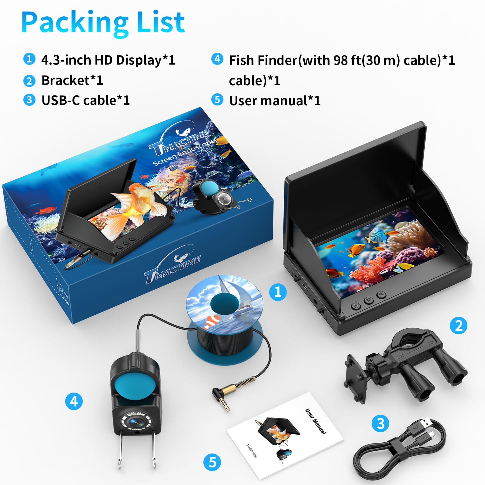 1080P HD Fischfinder Echolot Angeln 4.3-Zoll-LCD 30 m Wasserdichtem IP68-Kabel 6 IR-Nachtsichtlichtern Tragbarer Unterwasserkamera
