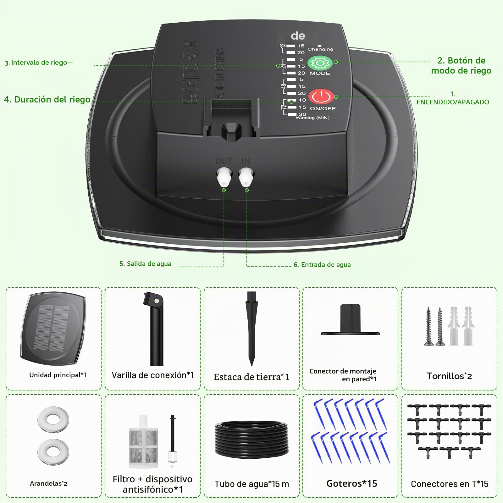 Onherm Riego Automático Solar, Riego por Goteo Solar con 12 Modos de Temporizador y Tubo de 15M, Sistemas de Riego Solar para Jardín, Balcón y Plantas de Exterior en Maceta