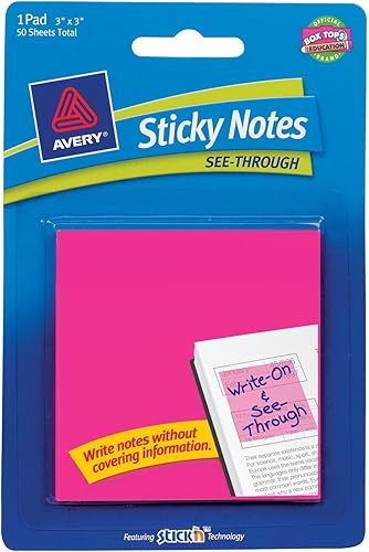 Avery Notas adhesivas, transparentes, 3 x 3 pulgadas, magenta, 50 hojas (22586)