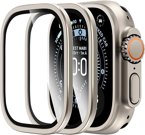 L K - 2 protectores de pantalla para Apple Watch Ultra 2Ultra de 1.92 pulgadas (49 mm), vidrio templado 9H + marco de aleación de titanio, sin