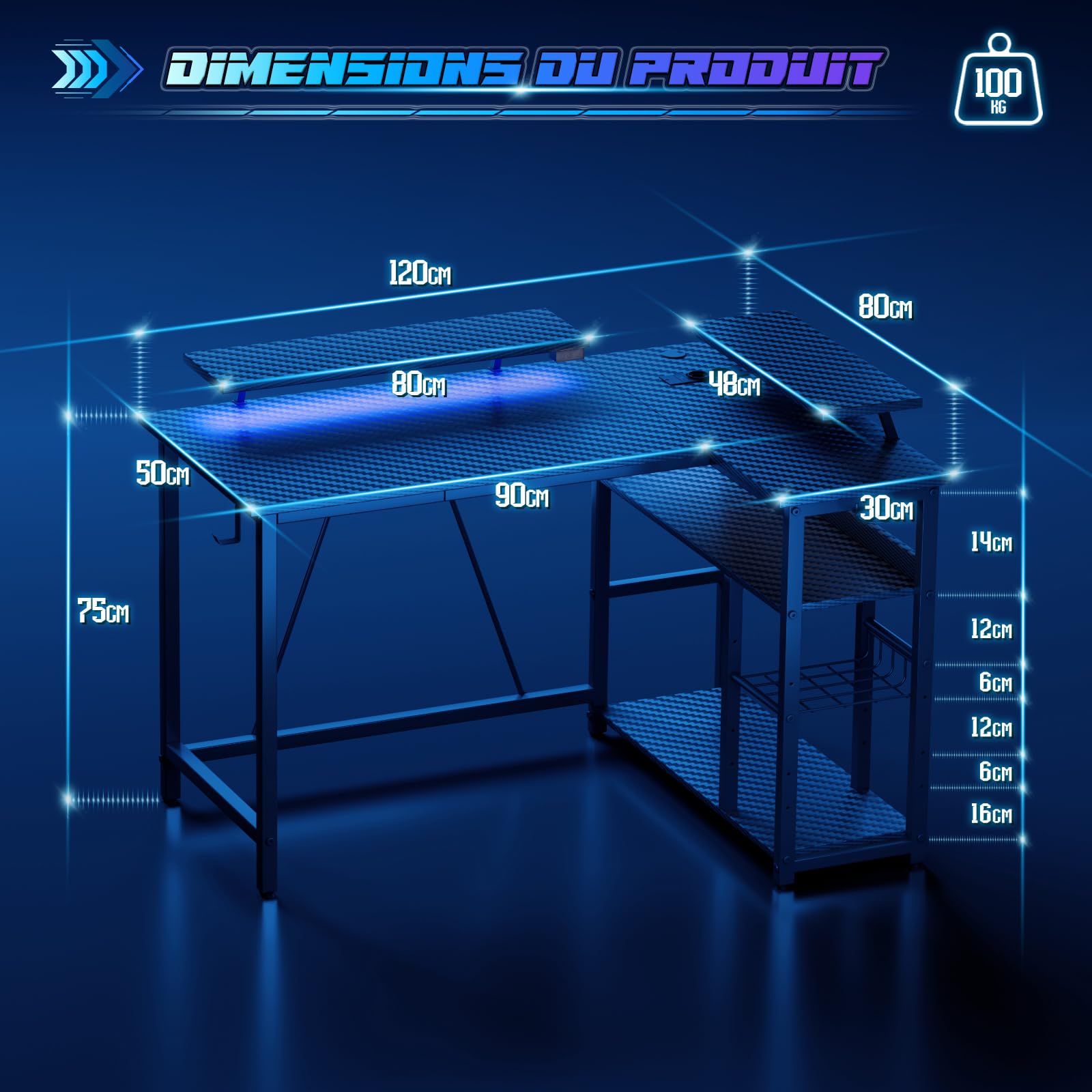 Devoko Bureau Gaming, L-Shape 120x80cm avec Double Support Écran, LED, Plateau Réglable et Fibre de Carbone Noir
