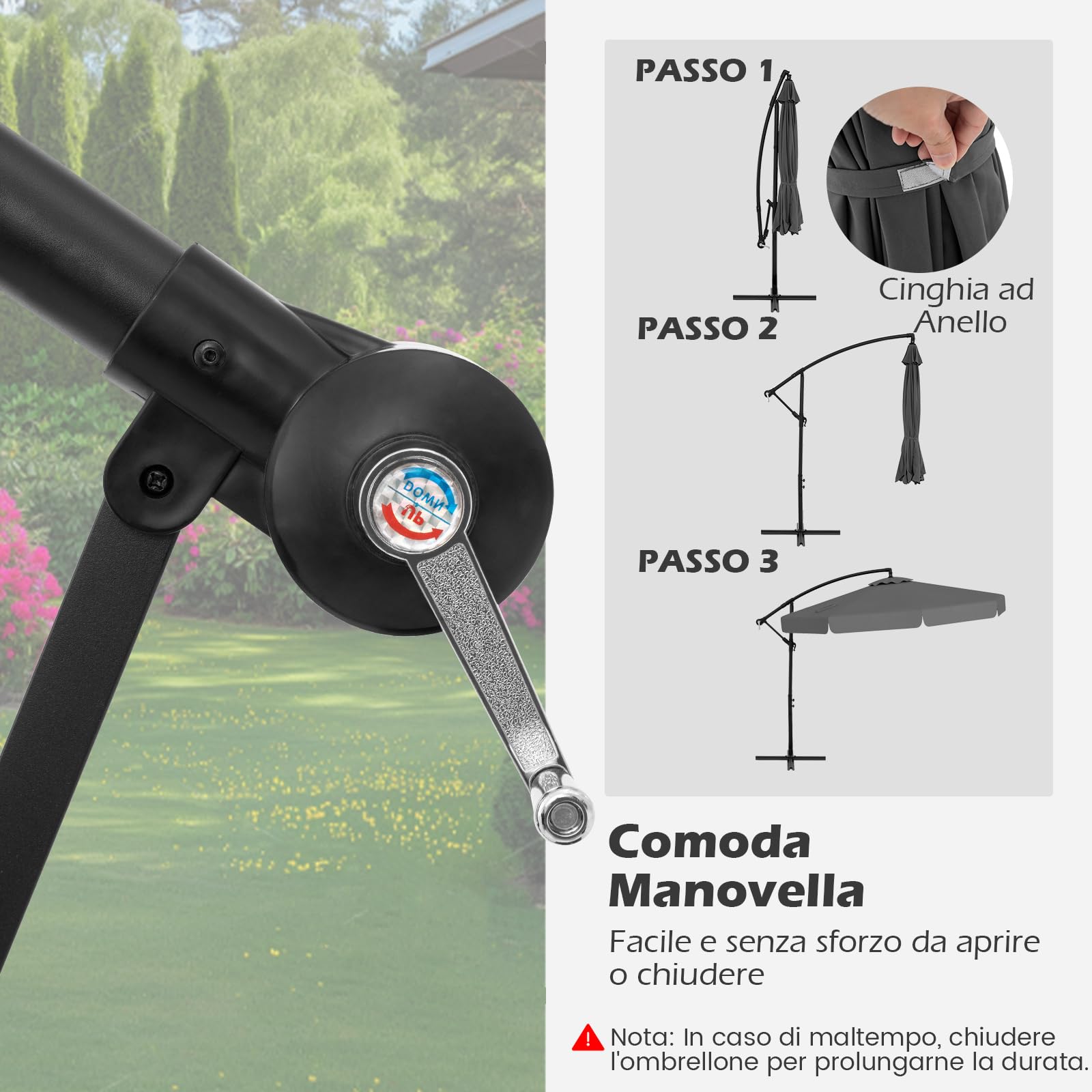 COSTWAY Ombrellone da Giardino 290 cm a Braccio | Inclinazione Regolabile, Manovella, 8 Stecche, Telo Solare, Copertura Inclusa (Grigio, Non Base)