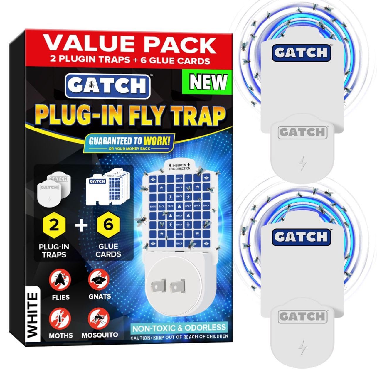 GATCH Trampa para moscas enchufable para interiores (paquete de 2 + 6 almohadillas), trampa para insectos voladores para moscas de la fruta, polillas, mosquitos y otros insectos voladores, lista para