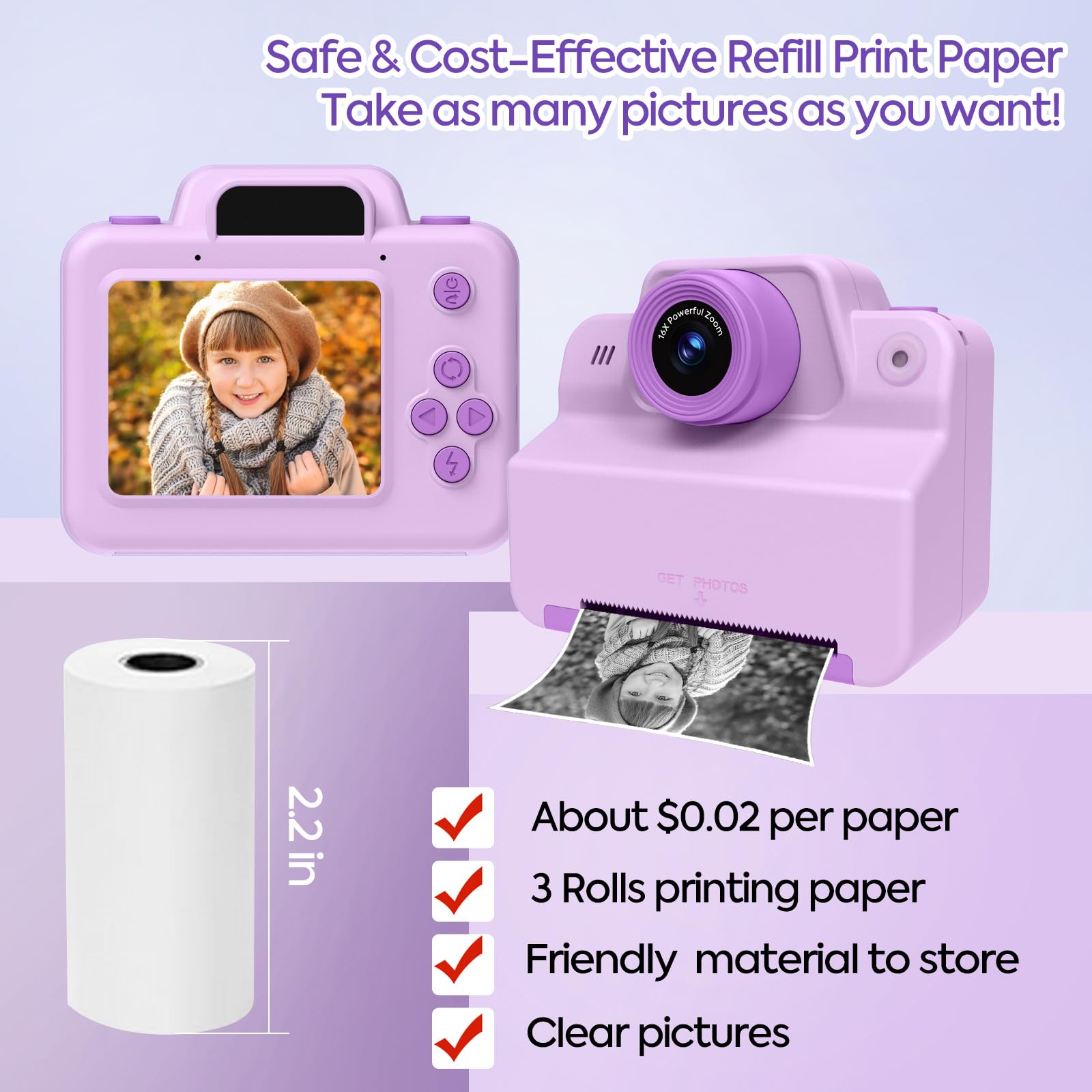 Cámara infantil, cámara instantánea de 2,4 pulgadas, cámara digital para niños, cámara fotográfica con papel impreso, regalos para niñas y niños de 3 a 12 años, cámara de vídeo, fotos instantáneas,