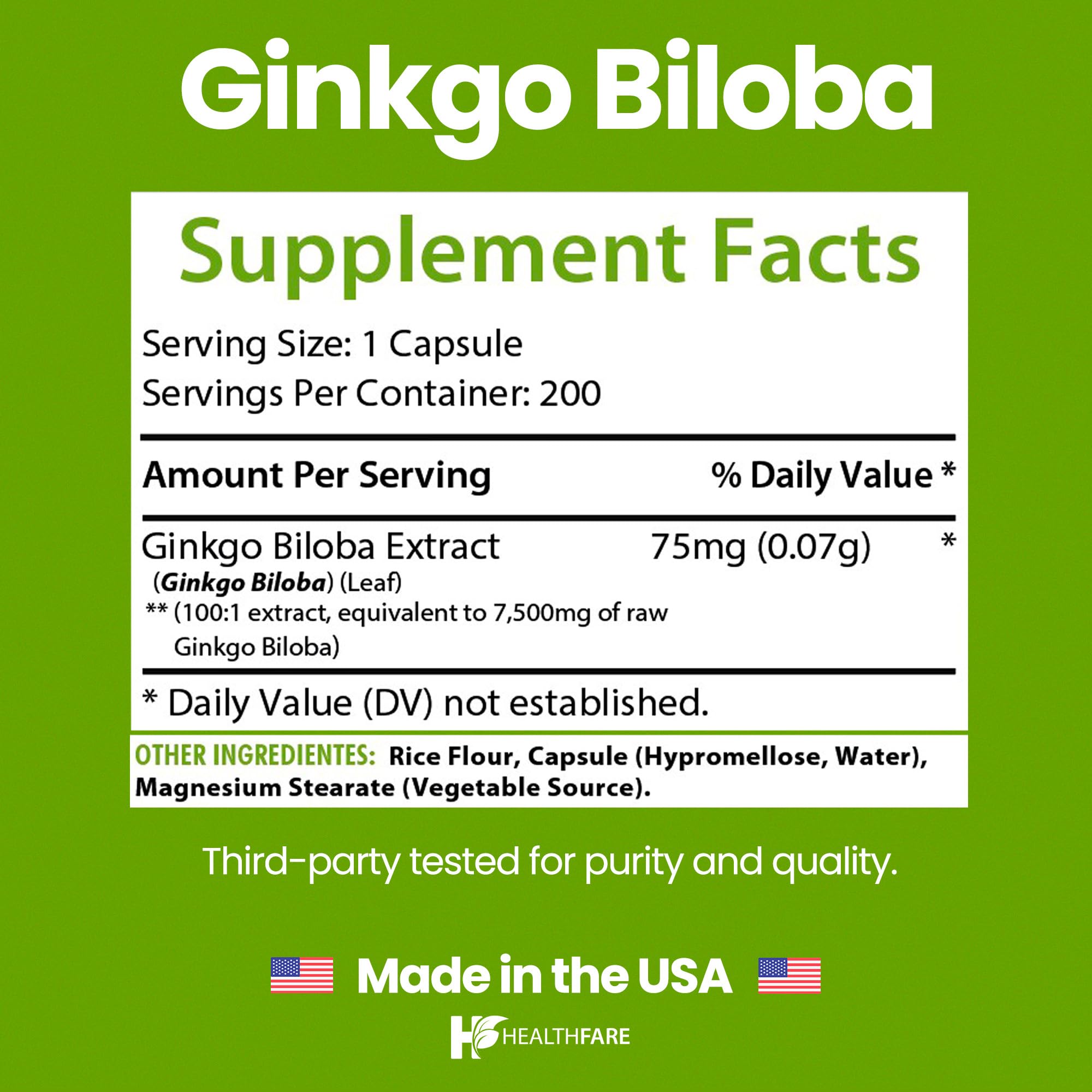 Healthfare Ginkgo Biloba Extract | 200 Vegan Capsules | Extra Strength Standardized Herbal Supplement | Supports Brain Function, Memory & Focus | Non-GMO, Gluten-Free | Made in USA — Amazon image 3