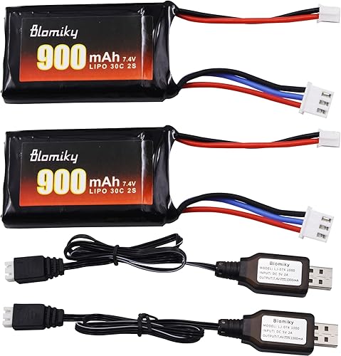 Miniatura 5 de Blomiky Paquete de 2 baterías recargables Lipo de 7.4 V 900 mAh con enchufe PH2.0 y cable de cargador adecuado para camión Axial 124 SCX24 RCbatería
