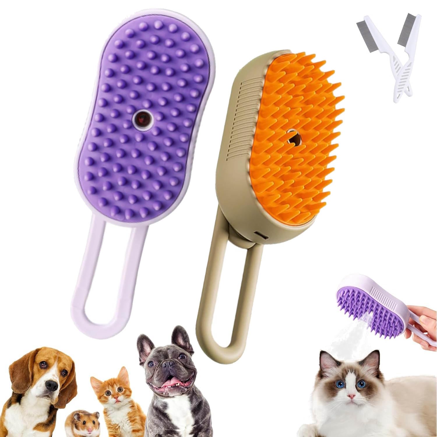 Hair Cleaning Spa Brush for Cats Dogs, Spritz Defur Comb for Cats Dogs, 3 In 1 Cat Steam Brush Catzcomfort Cleaning Brush (Brown+Purple)