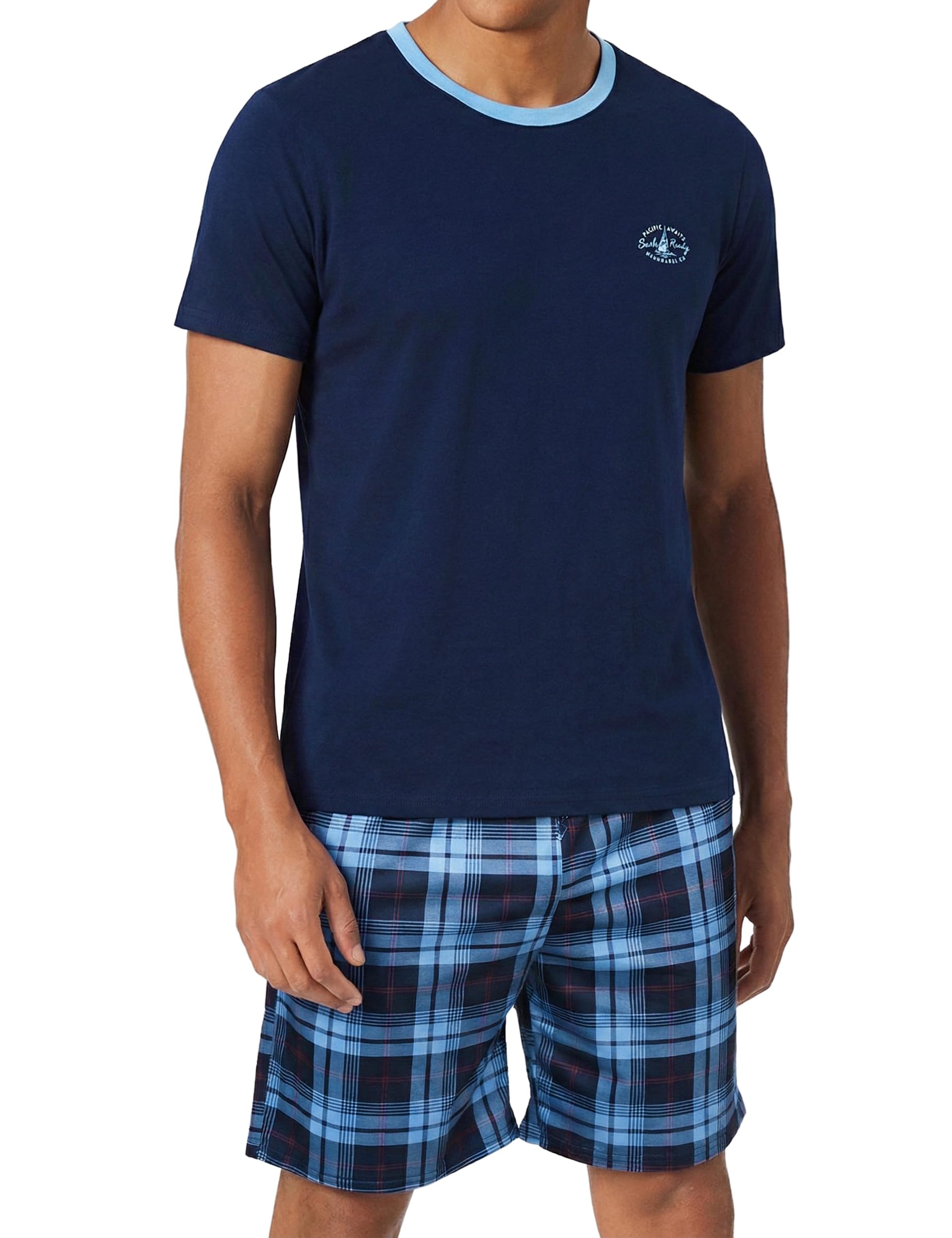 Men's Short Cotton Sleepwear Pyjama Set Leisure Suit Two Piece Crew Neck Pyjamas Checked Shorts with Pockets-image-39