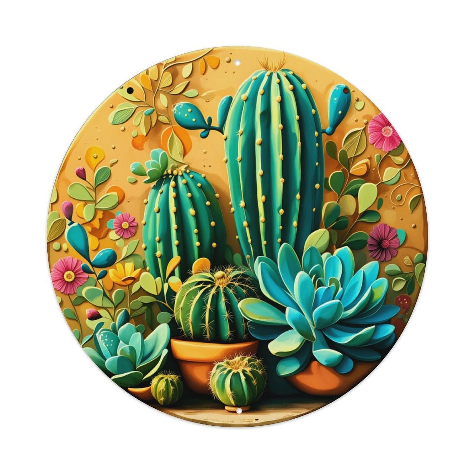 Cactus Garden Floral Pattern Art Round Tin Sign Retro Metal Sign for Cafe Bar Pub Home Game Room Gym Club Wall Decoration Vintage Metal Poster 8x8 Inch