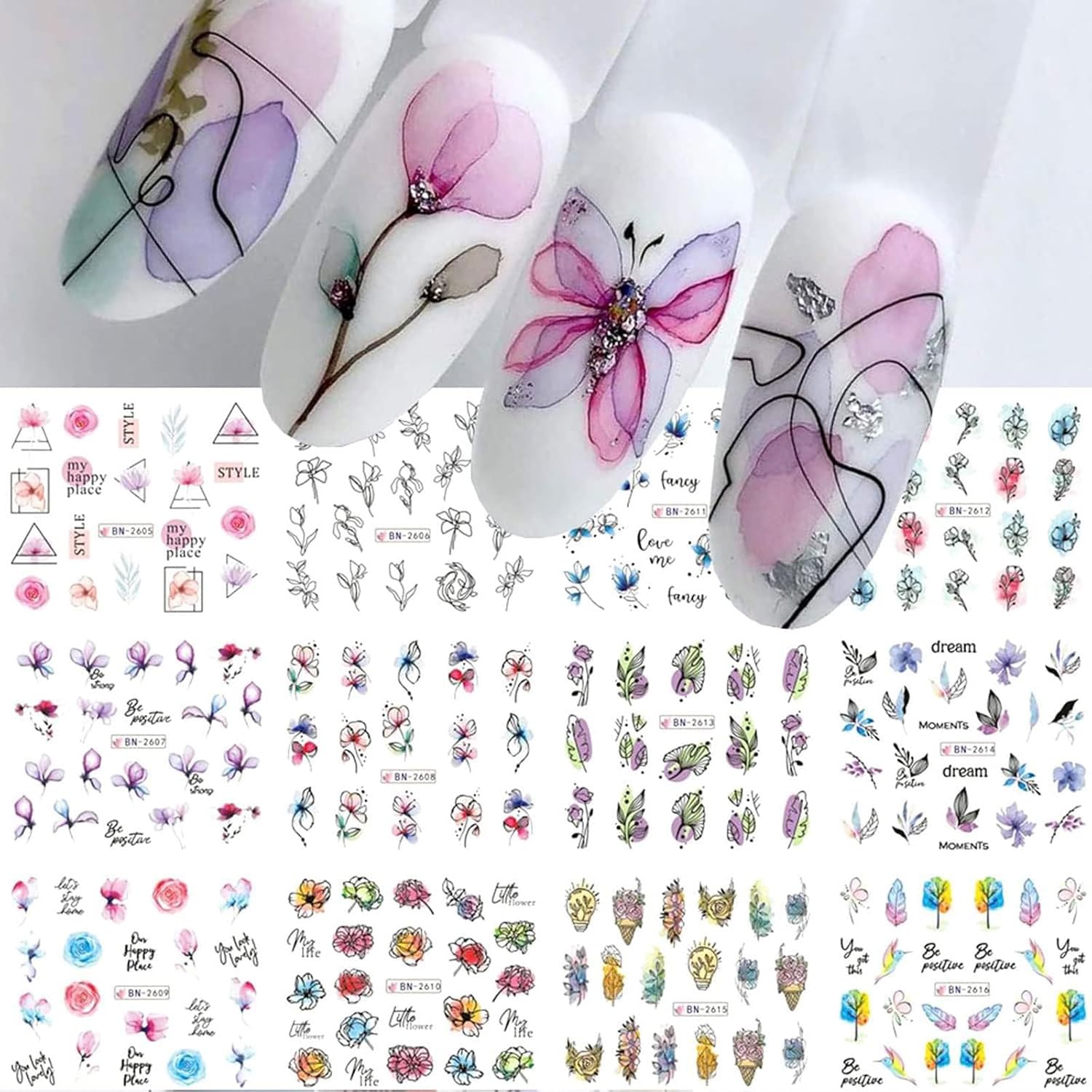 12 stuks Geometrie Lijn Bloem Blad Nail Art Stickers Water Transfer Nagelstickers Graffiti Geschilderd Kleurrijke Schuifstickers Decoratie Nagelontwerpen