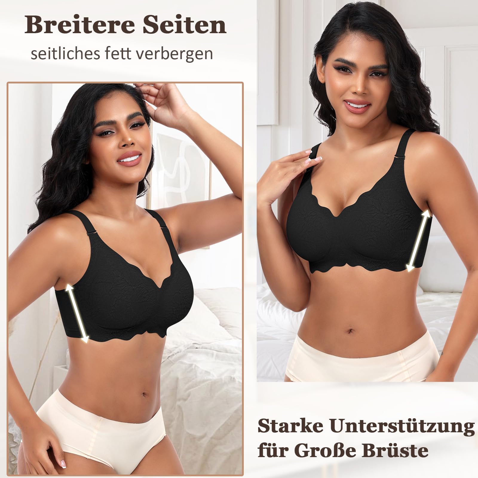 Jiuday Damen BH ohne Bügel Spitzen Soft BH Große Brüste Starker Halt Push Up Bügelloser BHS Gepolstert Seamless Bequemer Nahtloser Bra V-Ausschnitt Bralette