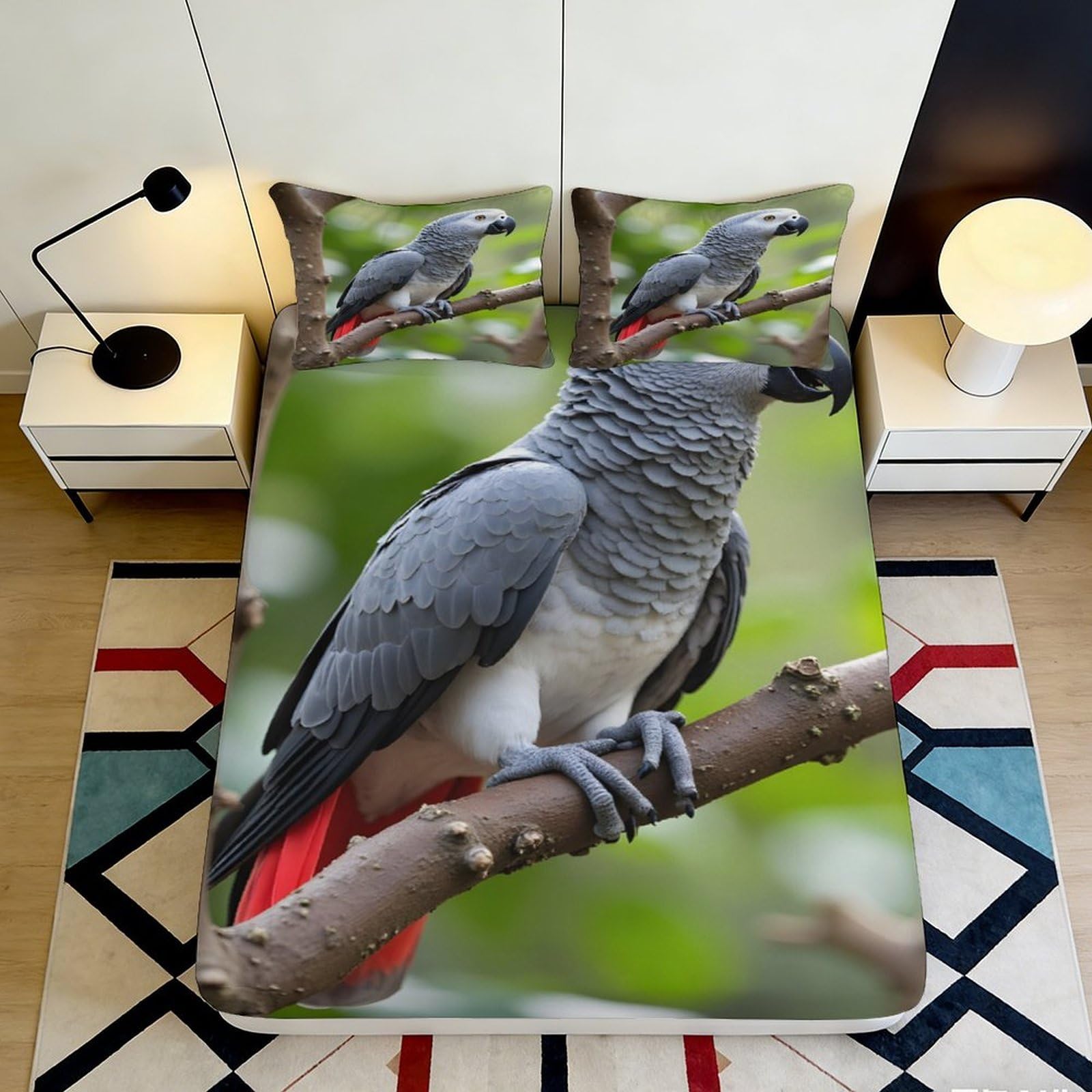 3D Printed African Grey Parrot Fitted Sheet Microfiber Soft Bird Tree Branch Mattress Cover Bedroom Decor 90x200x25cm