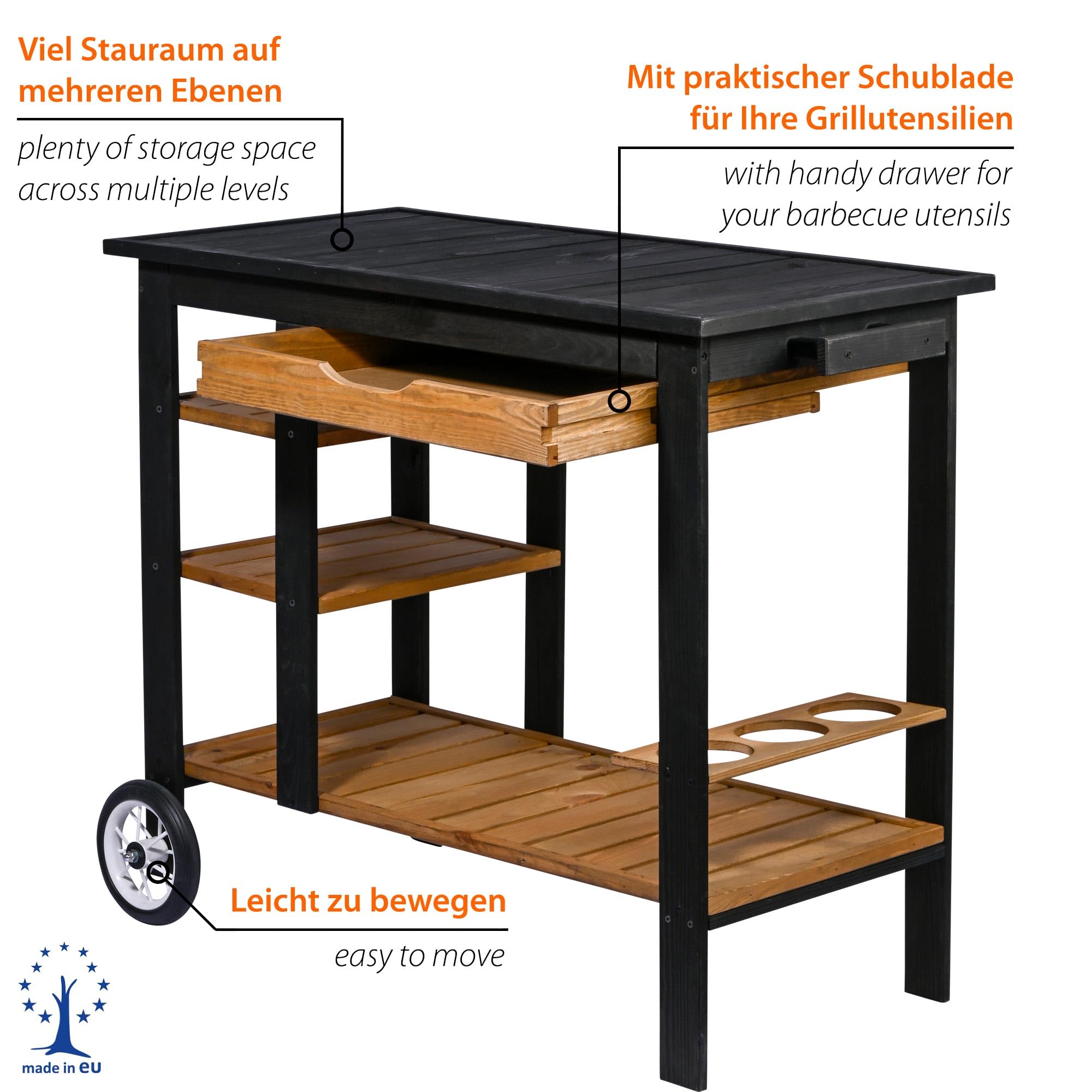 dobar Carrello per barbecue da esterno con cassetto e ripiano portaoggetti – Trolley per barbecue su ruote con manico e supporto per bottiglie – Tavolo per barbecue per terrazza e giardino – Nero