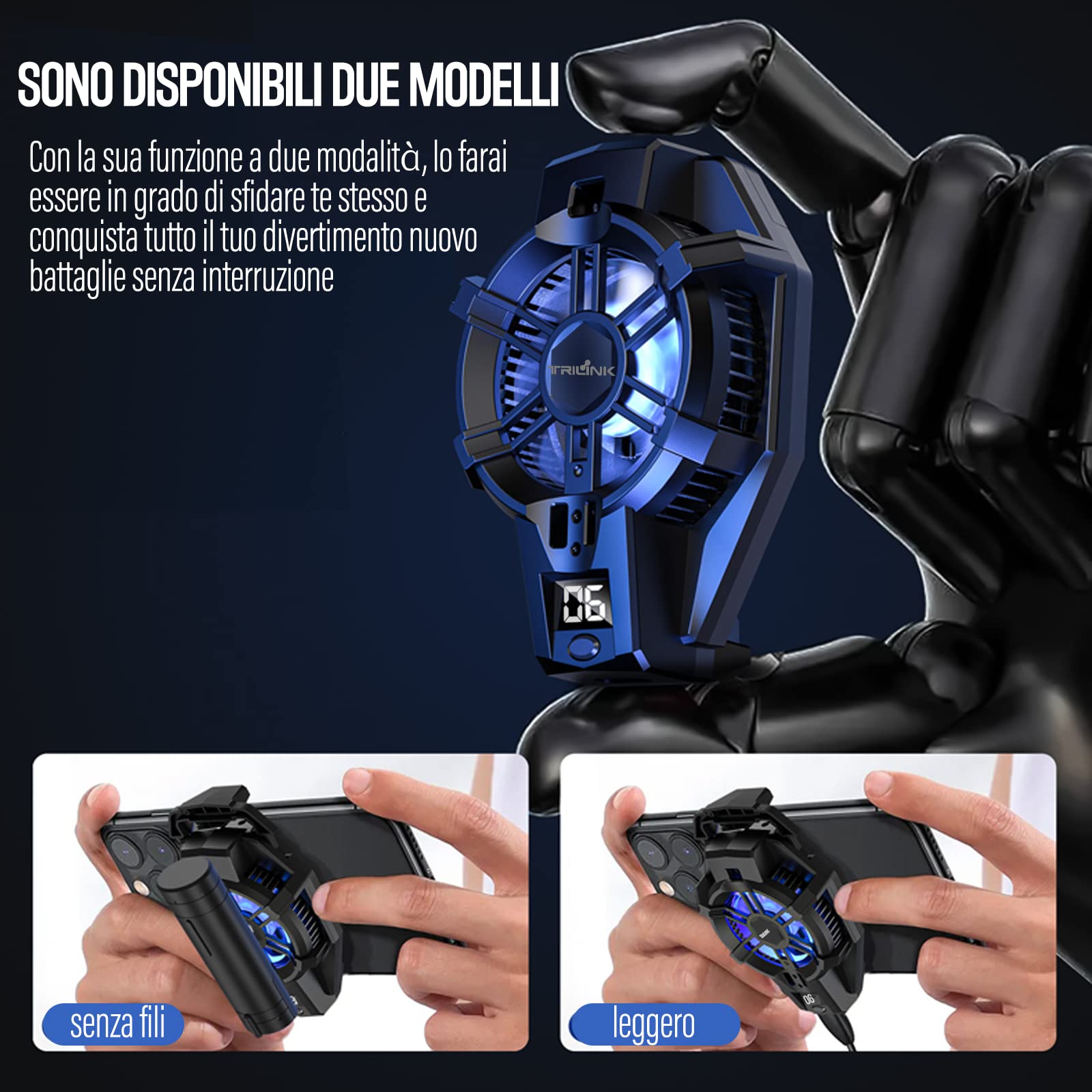 TRILINK Raffreddamento Telefono con Batteria Ricaricabile, Ventola per Gaming Adatto a Tutti i Tipi di iPhone, Smartphone Android, Radiatore per Cellulare con LED RGB