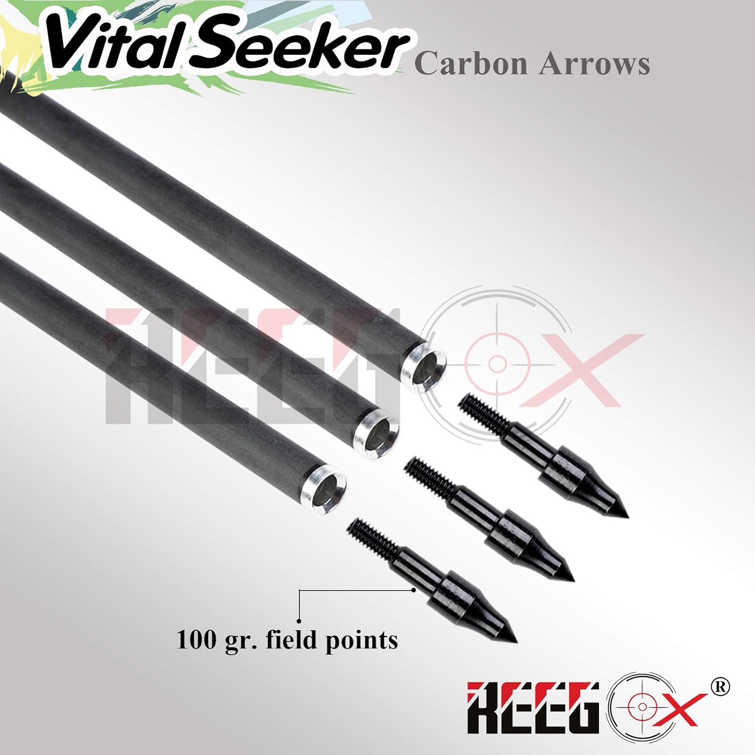 REEGOX Carbon Arrows Vital Seeker Hunting Arrows with 100 Grain Field Points Practice Target Arrows for Archery Compound Bows and Recurve Bow (12 Pack)