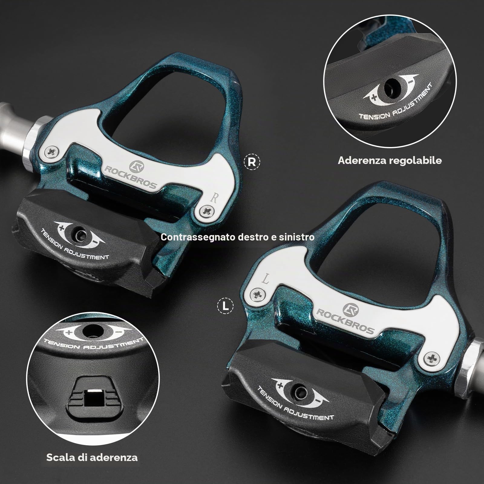 ROCKBROS Pedali Bici Corsa Lega Alluminio Asse Cromoly | con Regolazione Tensione, Antiscivolo e Cuscinetti Sigillati, Compatibili con Cleats Standard, per Strada e Allenamento