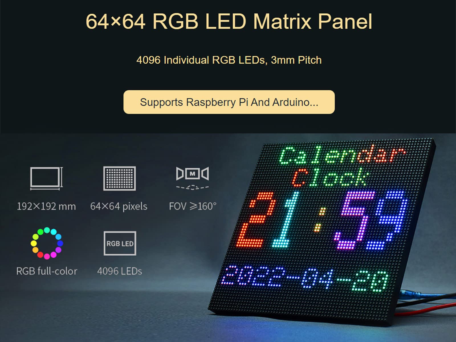 Pannello a Matrice LED RGB 64×64 pixel, 3mm Pitch, 4096 Individuali LED RGB Display a Colori Supporto Arduino, Raspberry Pi, Luminosità Regolabile