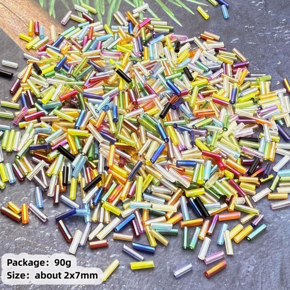 90g Bugle Beads 2x7mm Mini Long Tube Seed Bead Glass Craft Beads AB Color Loose Spacer Beads for Earring Bracelets Necklace Waist Beads Jewelry Making(Black) - Image 3