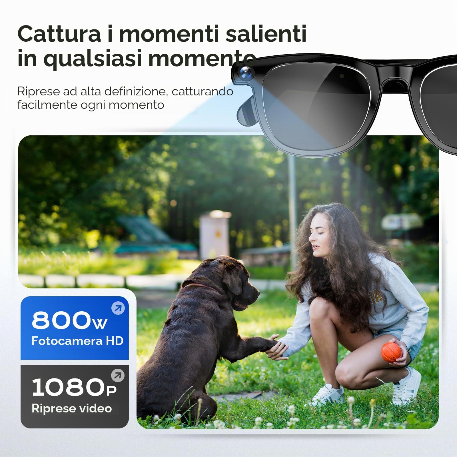 Occhiali Intelligenti AI,Equipaggiati con Fotocamera 8 Megapixel e ChatGpt,Supporta Registrazione Vivavoce Bluetooth 5.3,Traduzione in Tempo Reale da IA