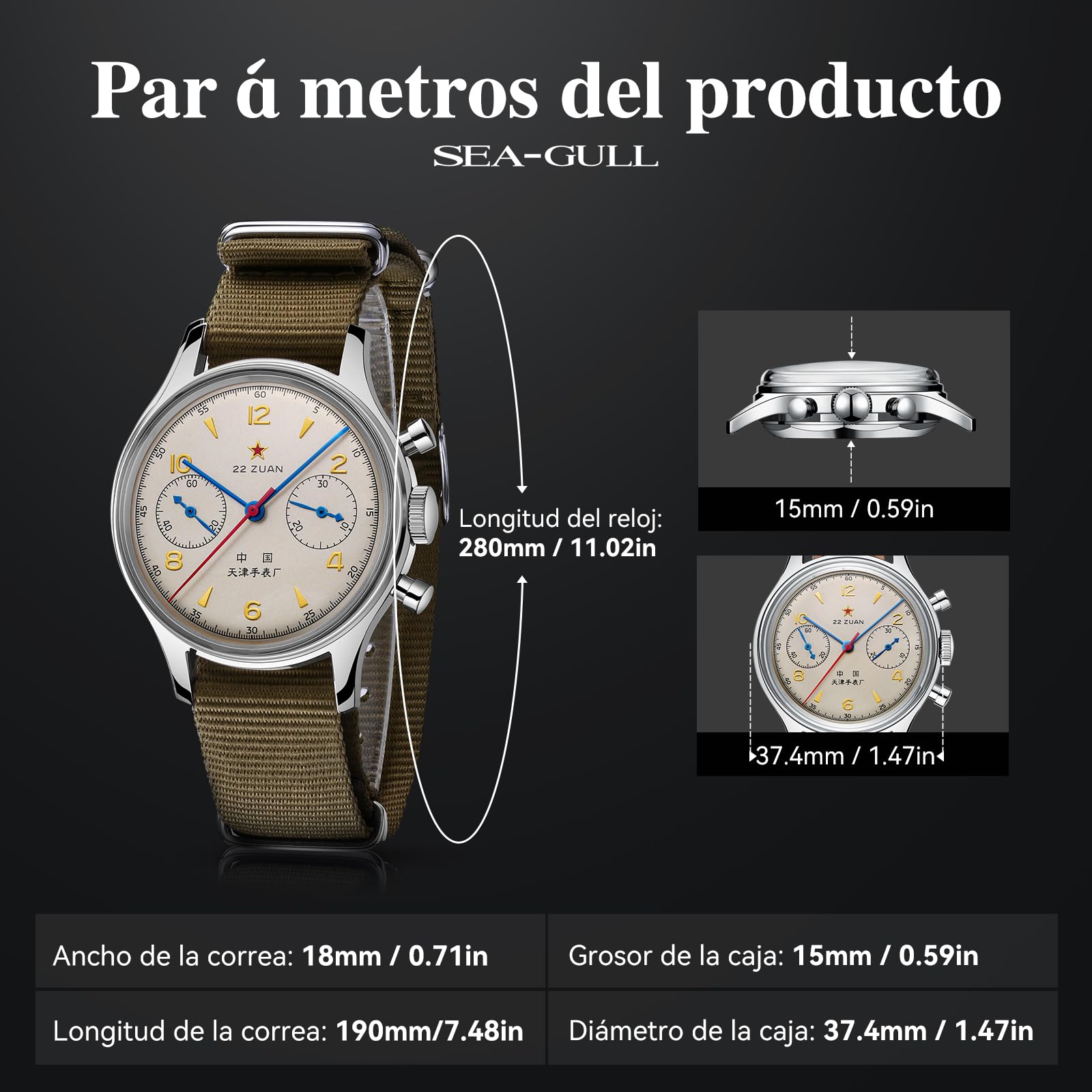 Sea Gull 1963 Edición Internacional, Movimiento ST1901,Reloj de Pulsera mecánico para Hombre Relojes de Aviación Cronógrafo Piloto,Cuerda Manual