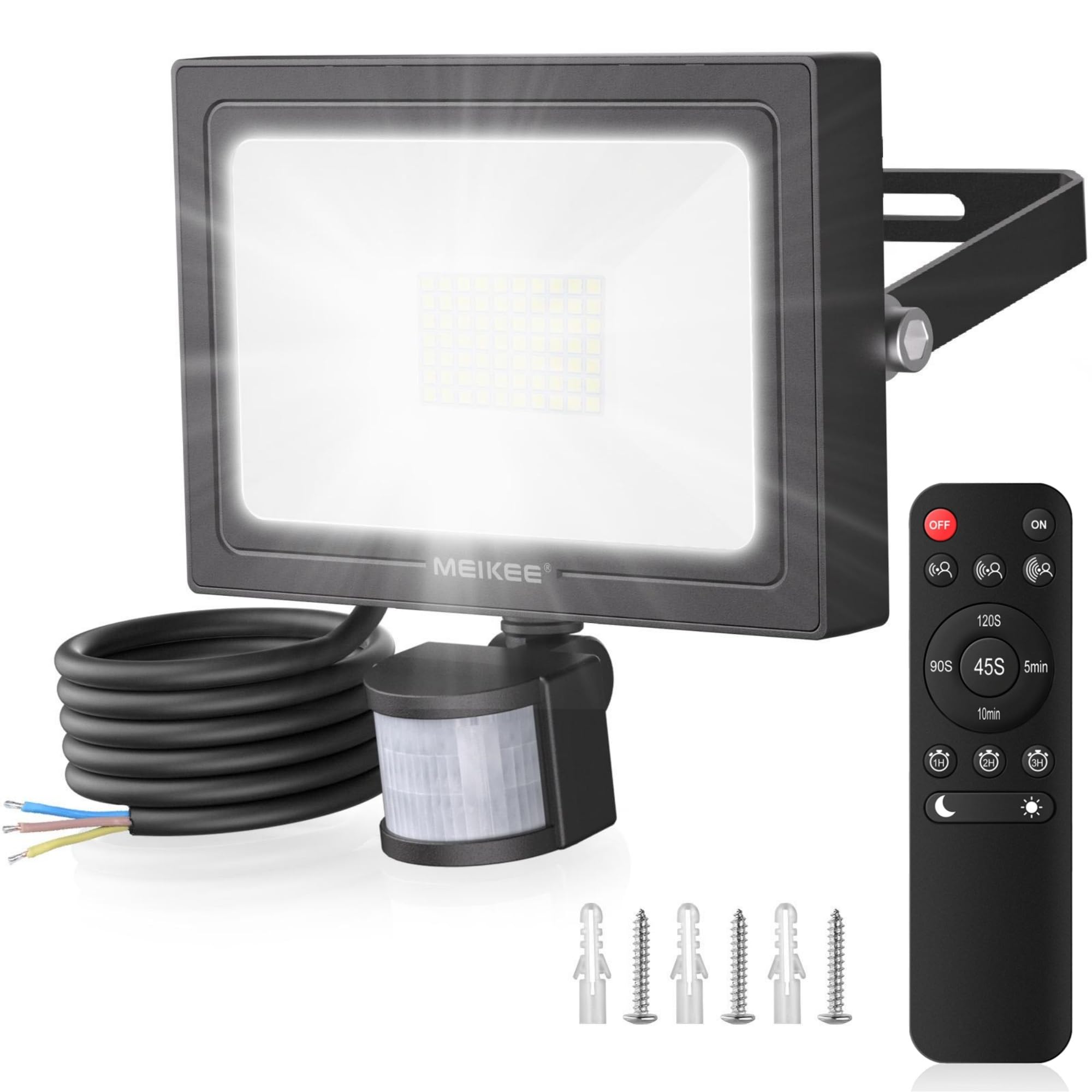 MEIKEE 60W Foco Led con Sensor de Movimiento, IP66 Impermeable Foco Proyector LED Exterior 5640LM 6500K Blanco Frío Luz de Seguridad con Mando a Distancia 4 Modos para Jardín, Patio, Entrada, Garaje