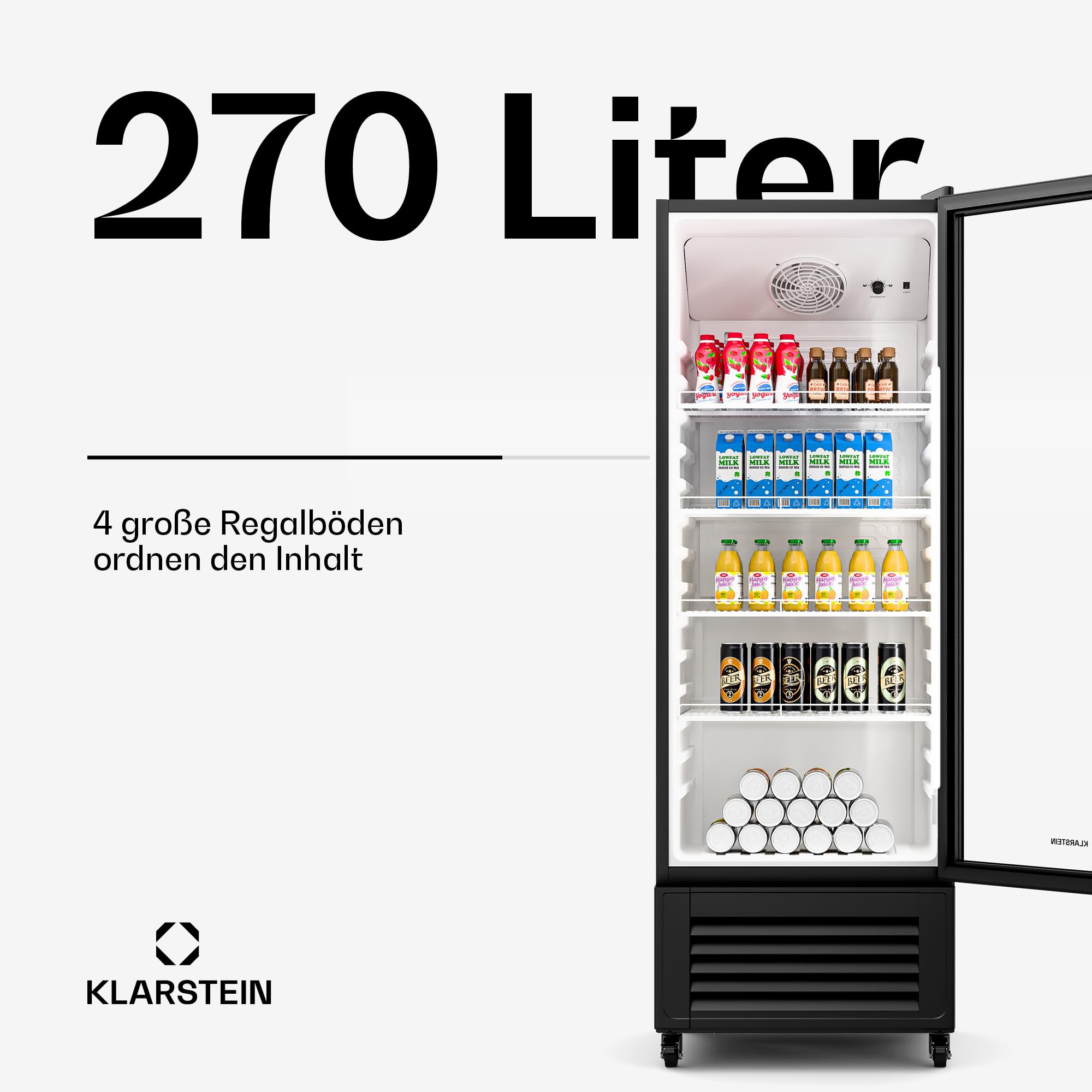 Klarstein GrandCooler 270L Getränkekühlschrank, Doppelt Verglaste Tür, LED-Beleuchtung, Mechanischer Thermostat, 0-10°C, 4 Räder, Energieklasse B