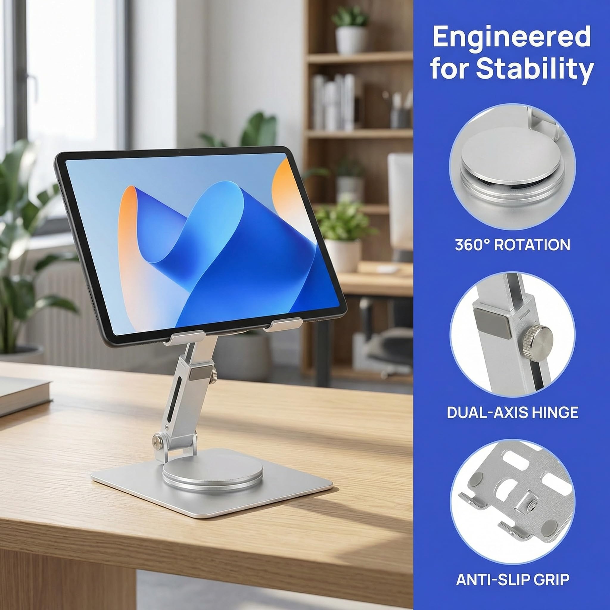 Supporto per Tablet in Lega di Alluminio Regolabile 360° Girevole, Porta Pieghevole per iPad/Samsung 7-13"