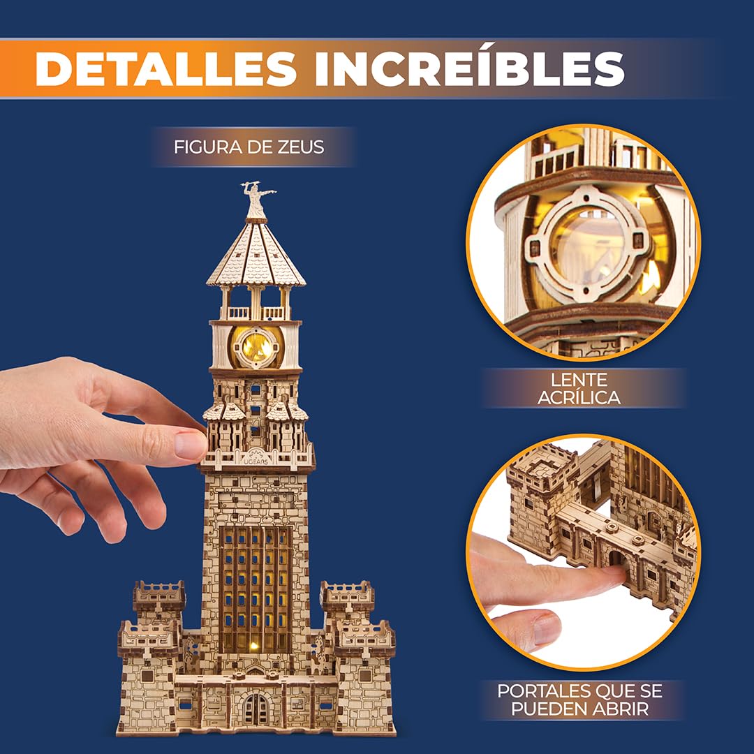 UGEARS Faro de Alejandría 3D Puzzle - Kits de Bricolaje para Adultos Puzzles 3D de Madera para Adultos con Luz LED Nocturna - Kits de Construcción de Modelos Puzzle de Madera Regalo - 340 Piezas