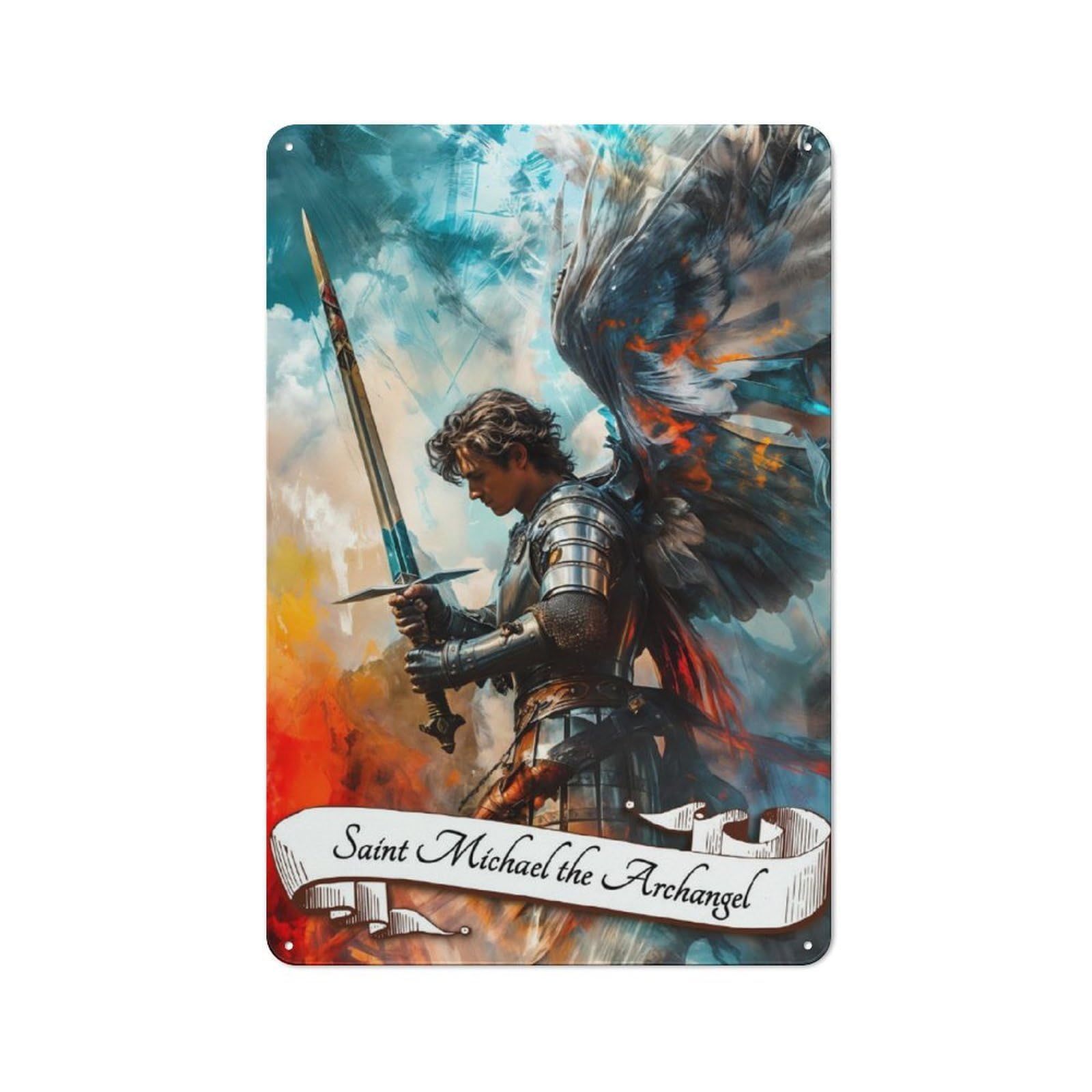 Junmoney Saint Michael Archangel Retro Metal Plaque 30X20cm For Garage Or Workshop, Housewarming Wall Decor For People Furnishing Garage And Workshop