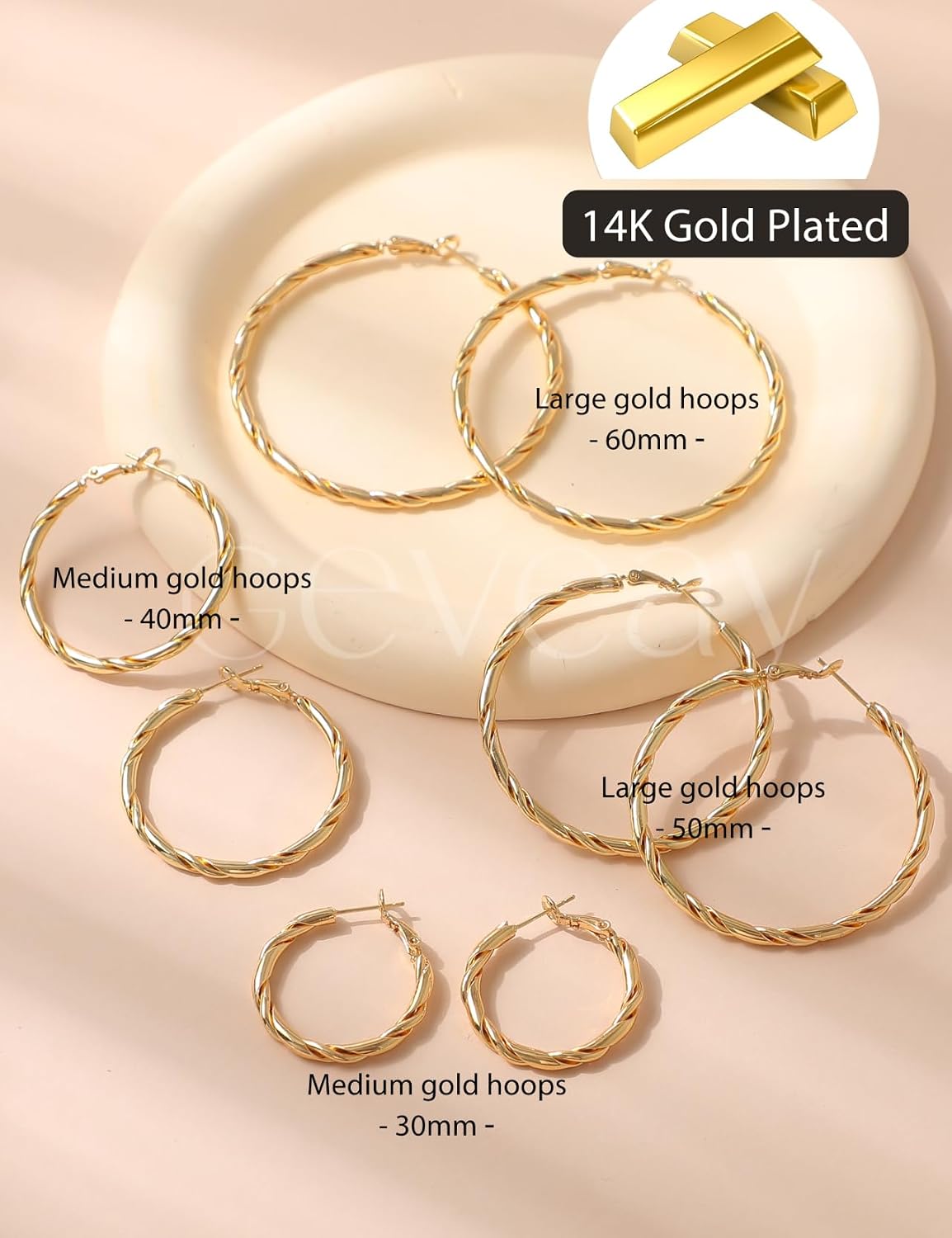 3MM Wide Gold Hoop Earrings Hypoallergenic 925 Steling Silver Post Hoops Earrings for Women Lightweight Large Big Twisted Hollow Tube Hoop Earrings Nickel Free 30MM/40MM/50MM/60MM