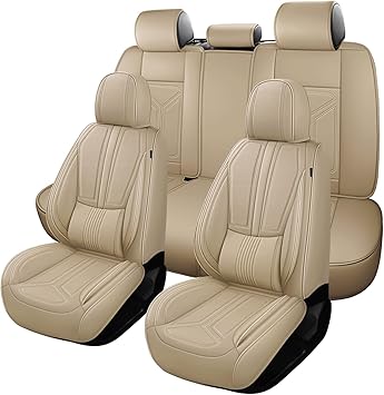 otoez Car Seat Covers Full Set, 5 Seats Nappa Leather Seat Cover for Car, Breatheable and Waterproof Seat Protector Full Coverage, Universal Automotive Seat Cushion for SUV Truck Seden, Beige