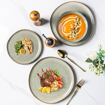 AmorArc Ceramic Dinnerware Sets,Handmade Reactive Glaze Stoneware Plates and Bowls Sets,Highly Scratch Resistant | Dishwasher & Microwave Safe Dishes Set,Service for 4 (12pc)