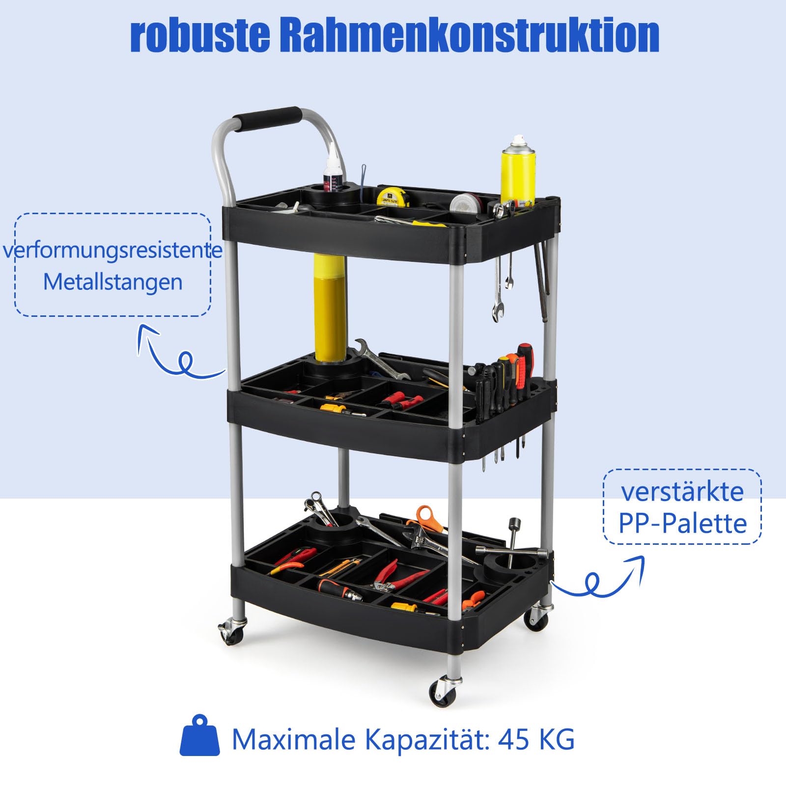 GYMAX Rollwagen, Werkzeugwagen mit 3 Ebenen, Werkstattwagen mit Griff, Werkzeugschlitzen & Universalrädern, robuster Aufbewahrungswagen für Garage & Werkstatt