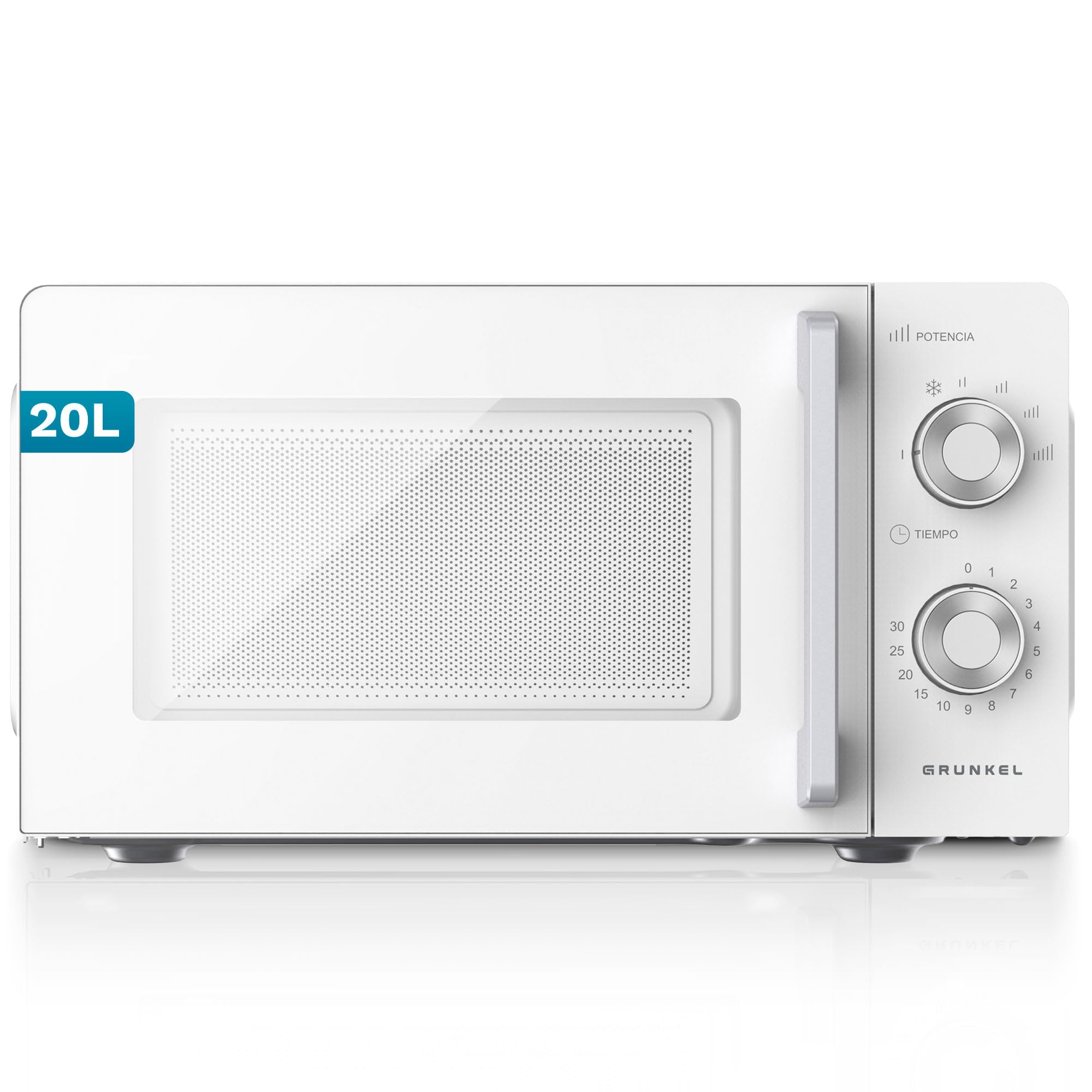 Microondas con/sin grill MG de 20 litros 700W + 900W con 5-6 Niveles de Potencia, Descongelación, Temporizador 30 Min, Apertura con Tirador y Bandeja Ø245 mm (Sin Grill)