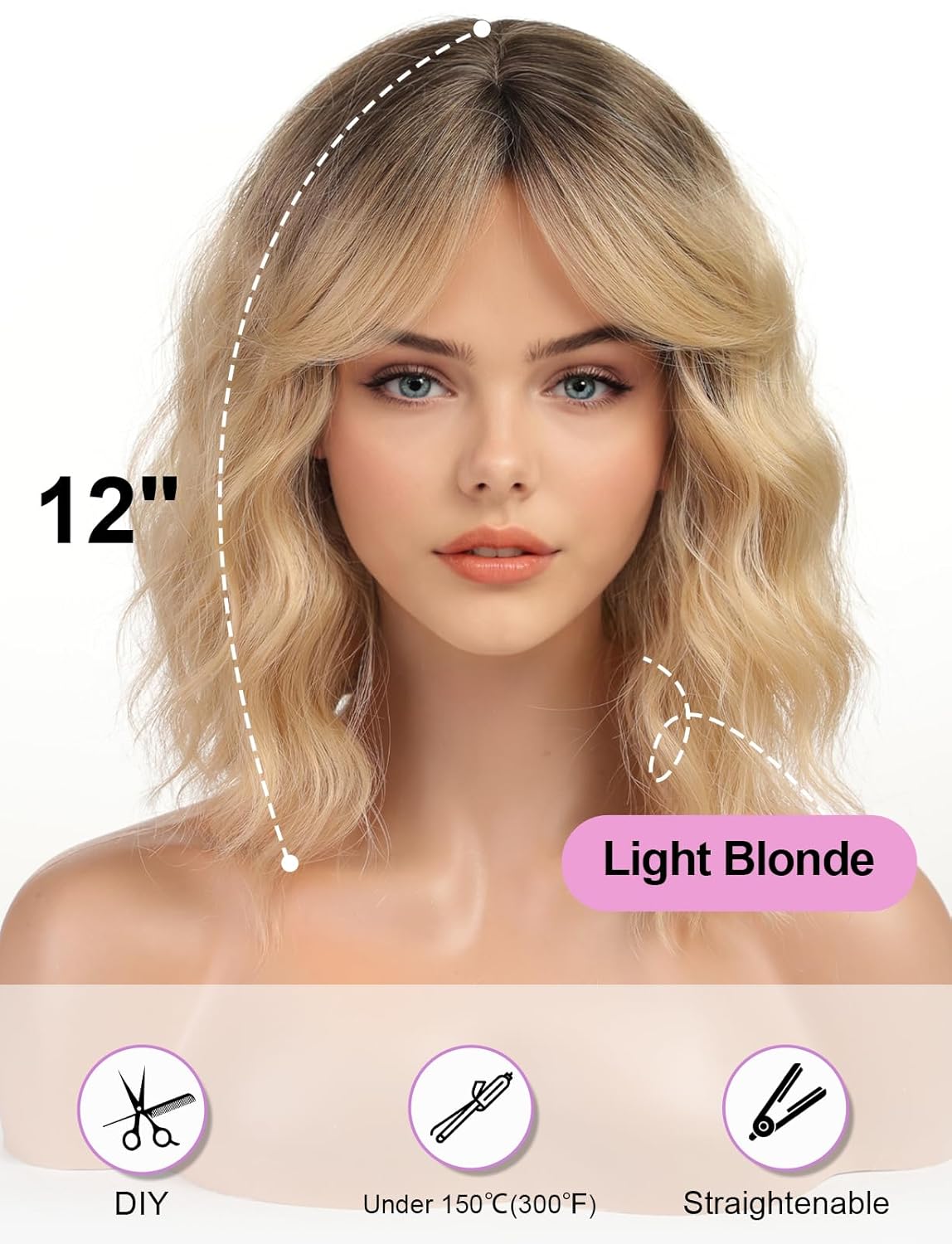 Short Light Blonde Bob Wigs for Women,Synthetic Wavy Curly Hair Wig with Bangs for Daily - Image 2