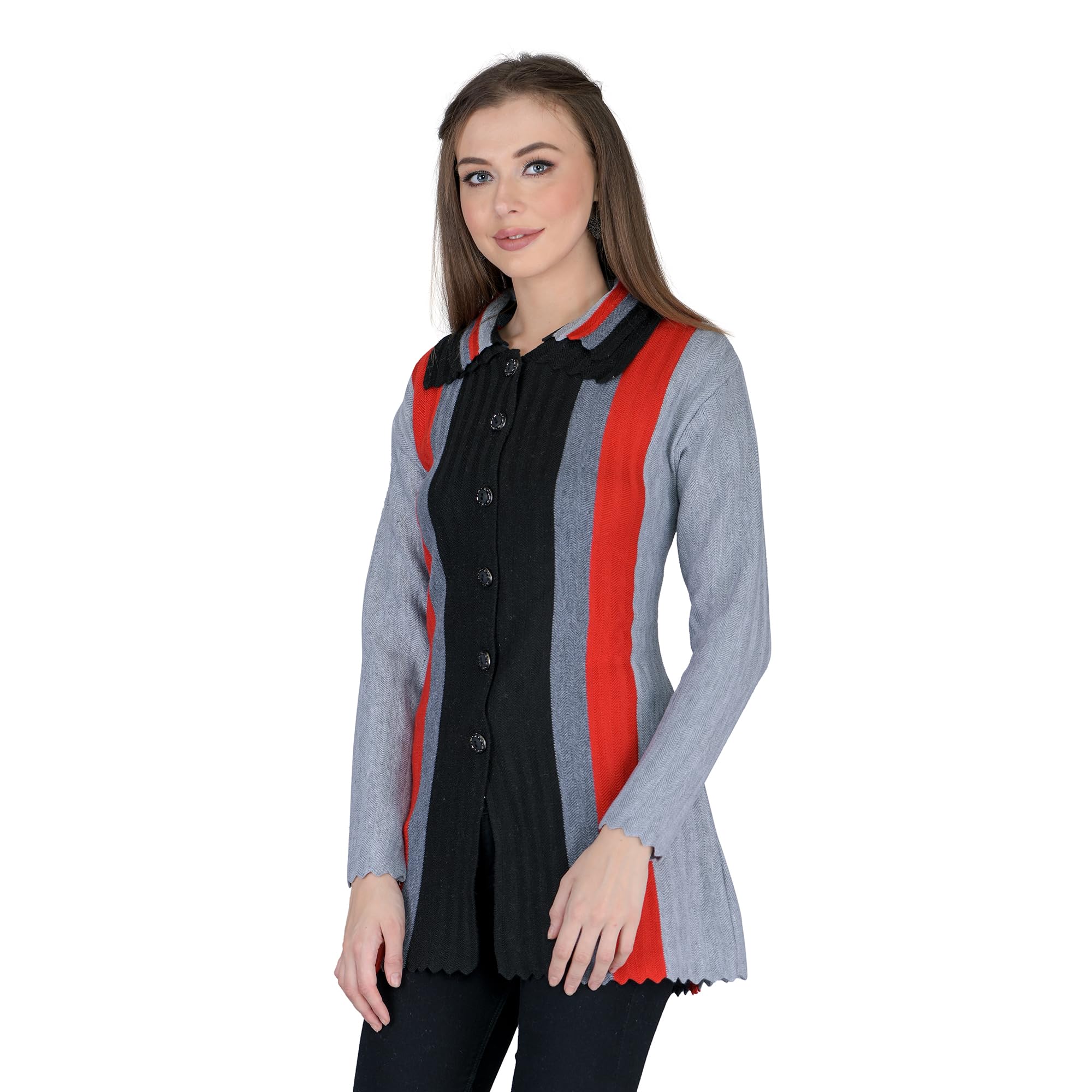 Women's Woolen Band Neck Cardigan - Printed Heavy Front Multicolor Daffodil Fabric Winter Wear Pure Wool Cardigan for Women - Free Size Long Cotty (BLACKREDGREY, XL)-image-42