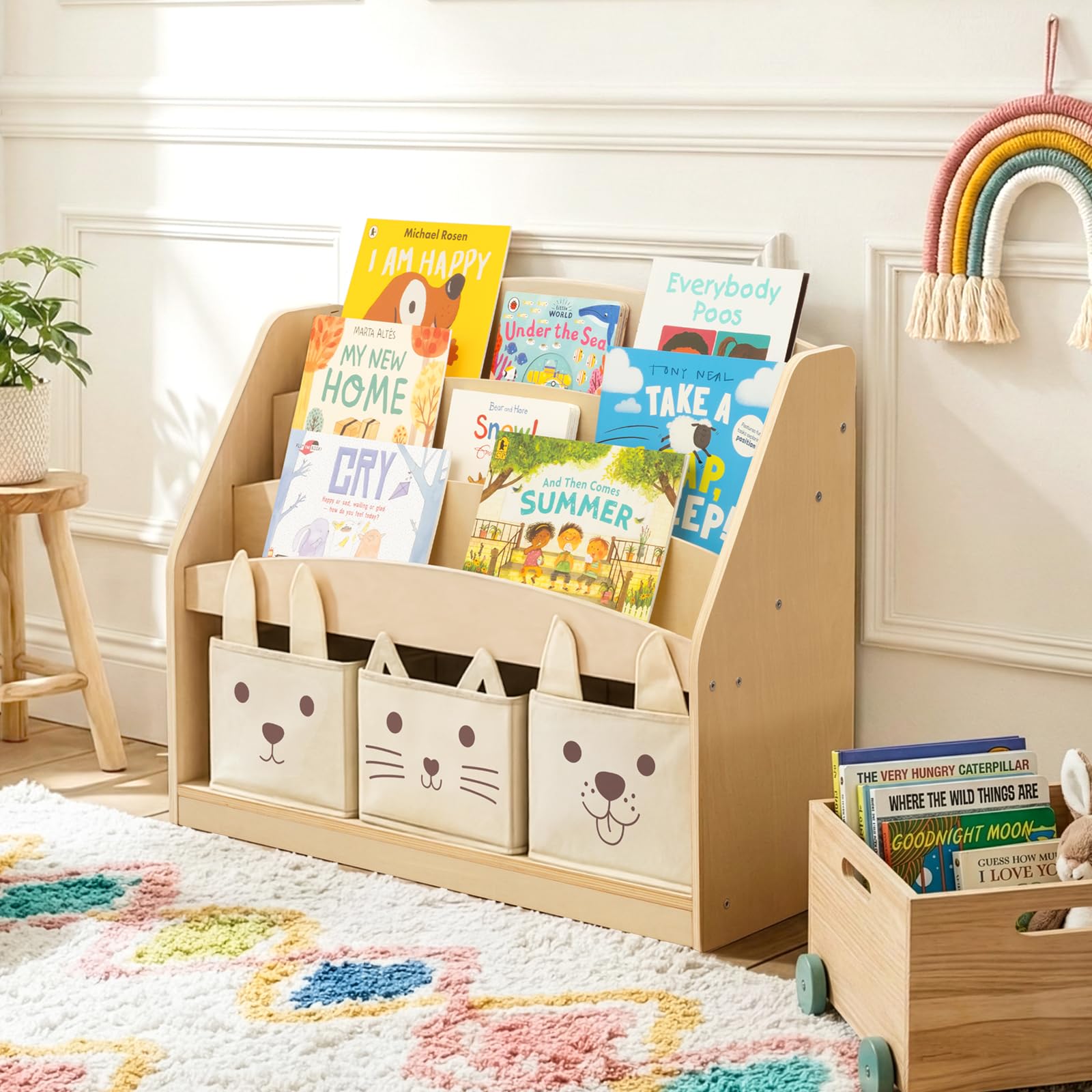 OOOK 3-Tier Kids Bookshelf with 3 Removable Fabric Storage Bins, Front Facing Toddler Montessori Bookshelf, Wooden Bookcase for Kidsroom, Classroom, Playroom, Nursery - 2