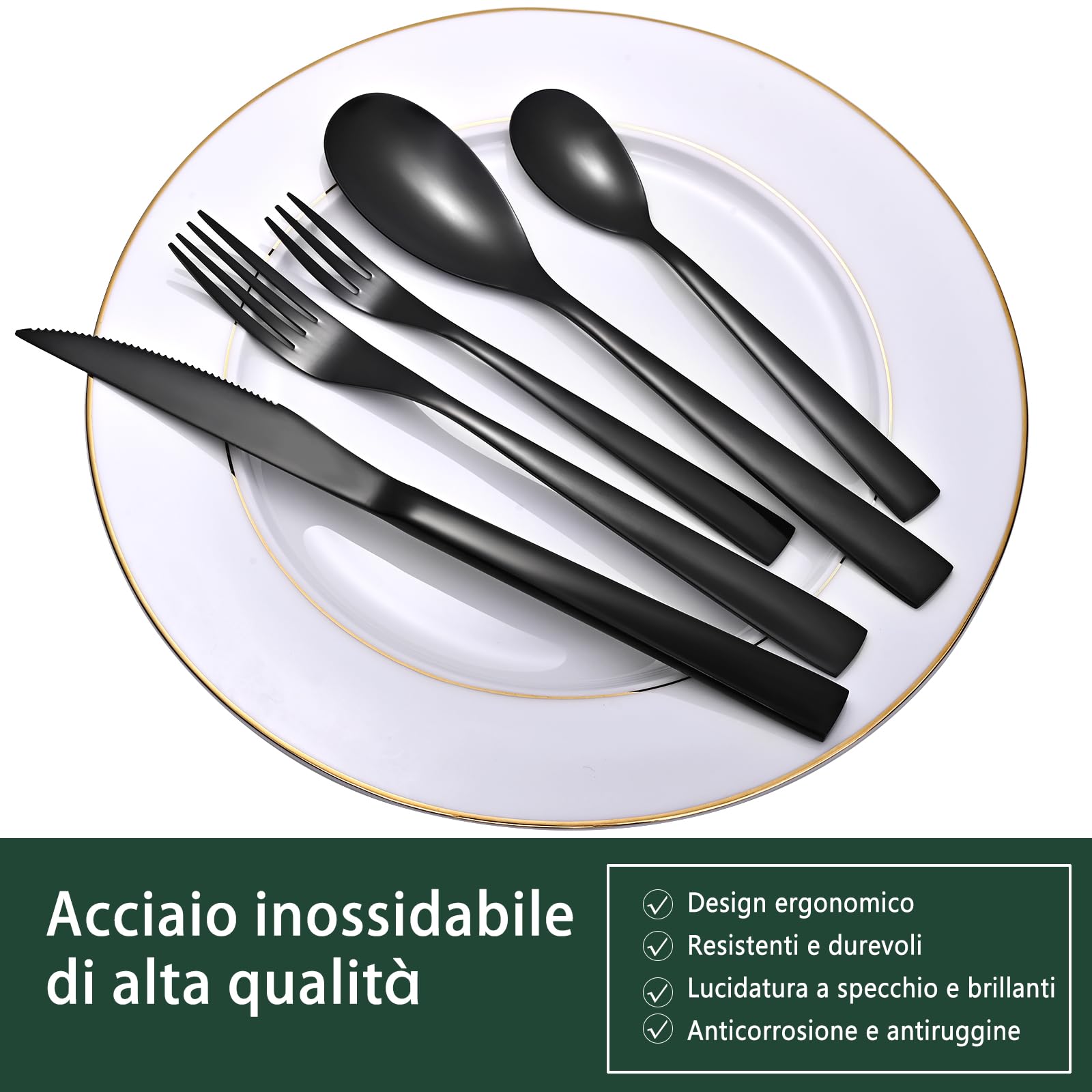 Otto Koning - Berlin - Set di Posate 20 Pezzi in Acciaio Inossidabile Placcato in Nero Titanio e Lucido, Spessore 4 mm. e Coltello da Bistecca. Un Moderno Servizio da tavola per 4 commensali