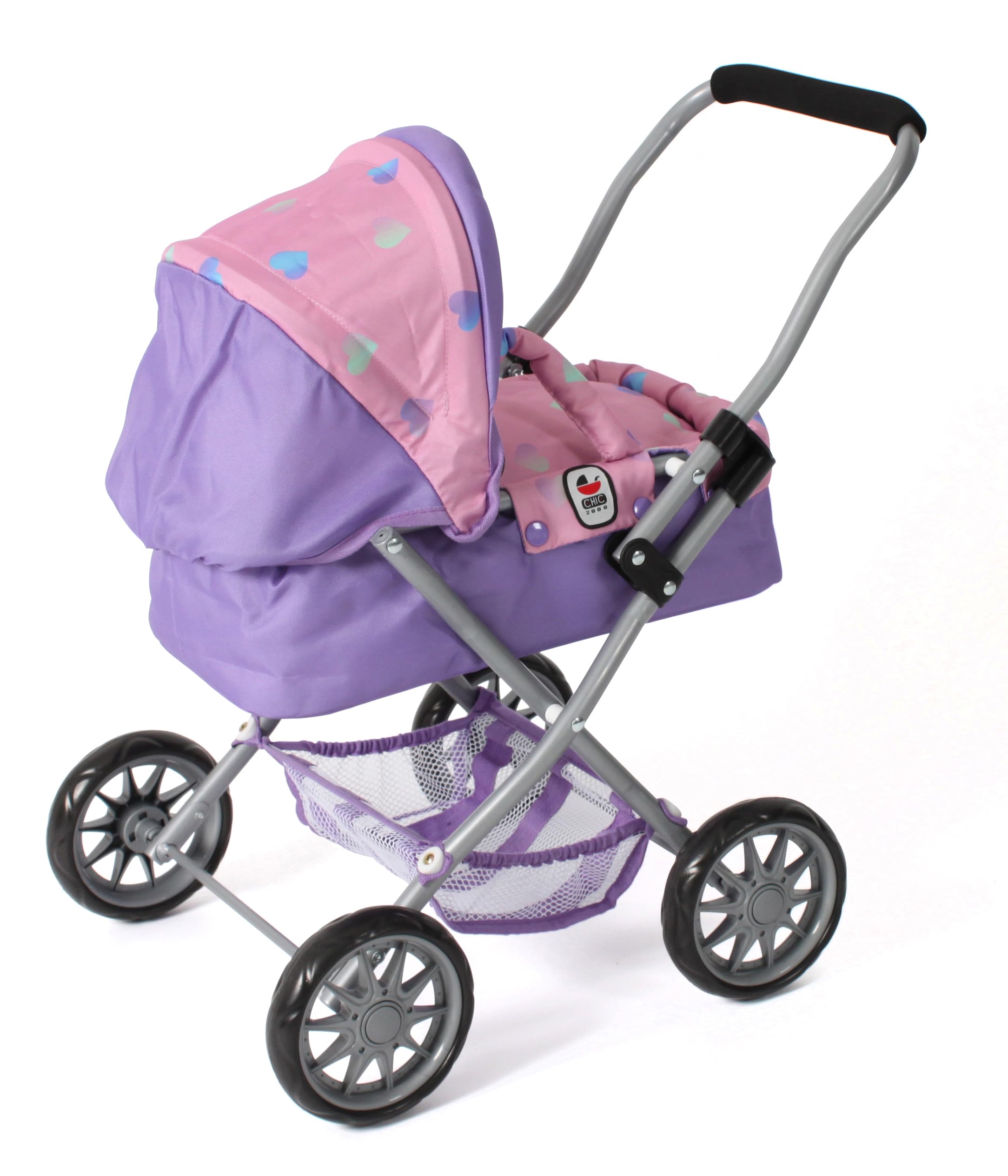 Bayer Chic 2000® Wózek dla lalek Smarty – serduszko fioletowe – składany – z daszkiem, torbą, poduszką i kocem – wysokość uchwytu 56 cm – dla dzieci od 2 lat,