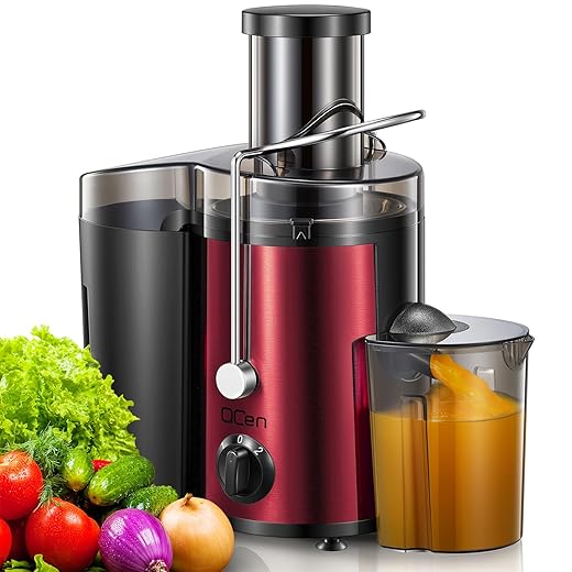 QCen Juicer Machine, 500W Centrifugal Juicer Extractor with Wide Mouth 3” Feed Chute for Fruit Vegetable, Easy to Clean, Stainless Steel, BPA-free (Metallic Red)