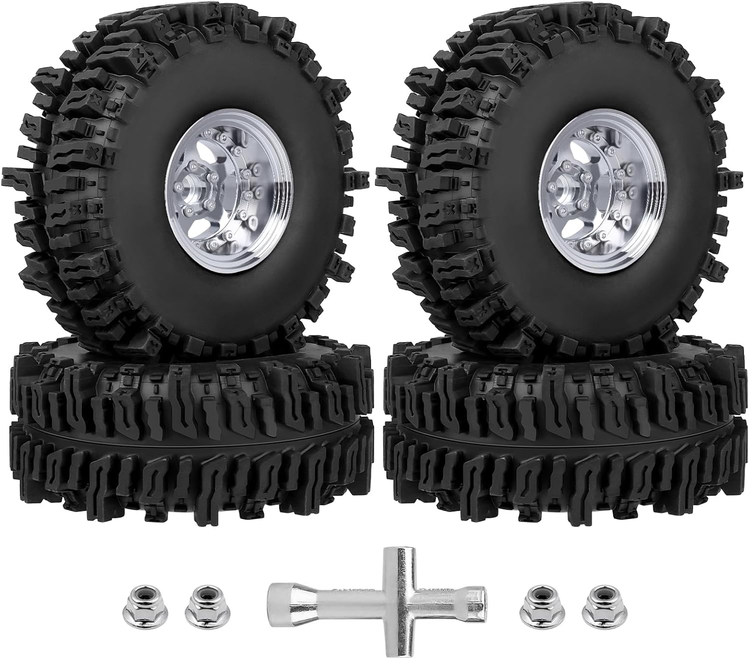 HobbyPark Negative Offset -10mm Deep Dish Aluminum Chrome 1.9 Beadlock Wheels and 1.9 Mud Slingers Tires for 1/10 RC Crawler Axial SCX10 TRX4 VS4-10 Gen8 RC4WD, Set of 4