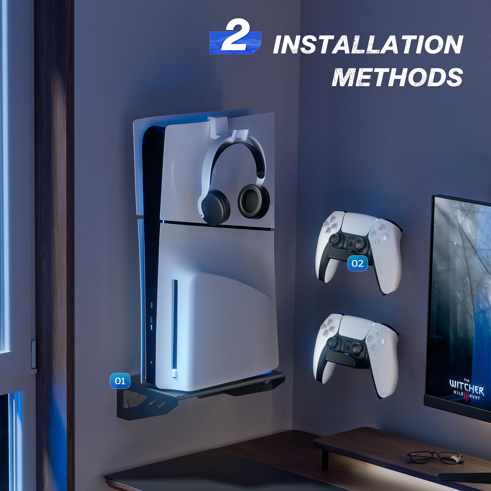 Aceshop Support Mural PS5/PS5 Slim,Support mural compatible avec PS5/PS5 Slim (Disque et Numérique) Acier Support Mural Playstation 5 Support mural pour console PS5/PS5 Slim avec support de Contrôleur