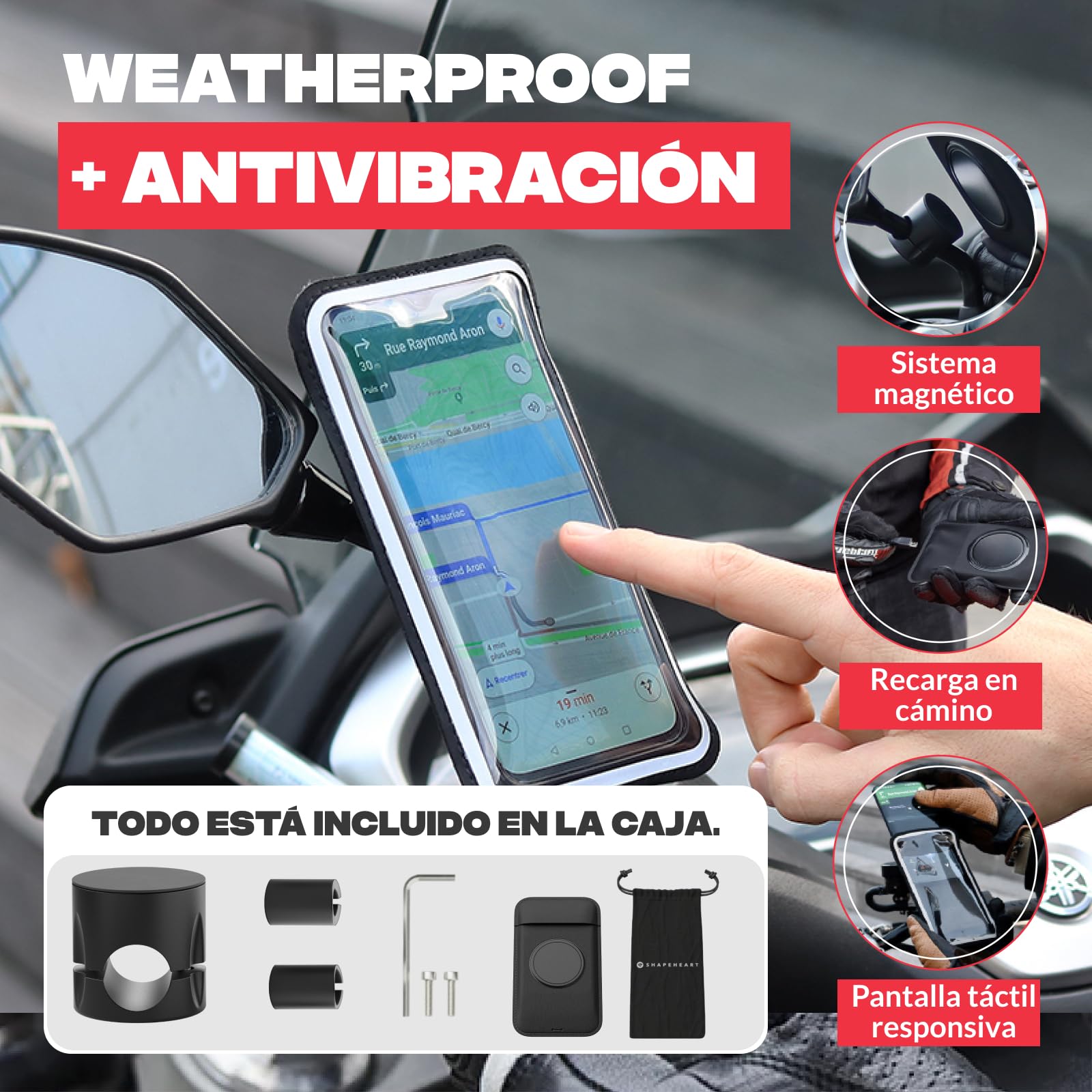 Shapeheart Soporte Móvil Retrovisor Moto Magnético - Funda Impermeable Táctil XL - Fijación Atornillada Espejo Moto, Scooter - Carcasa Smartphone Lluvia - Sistema Estable Desmontable