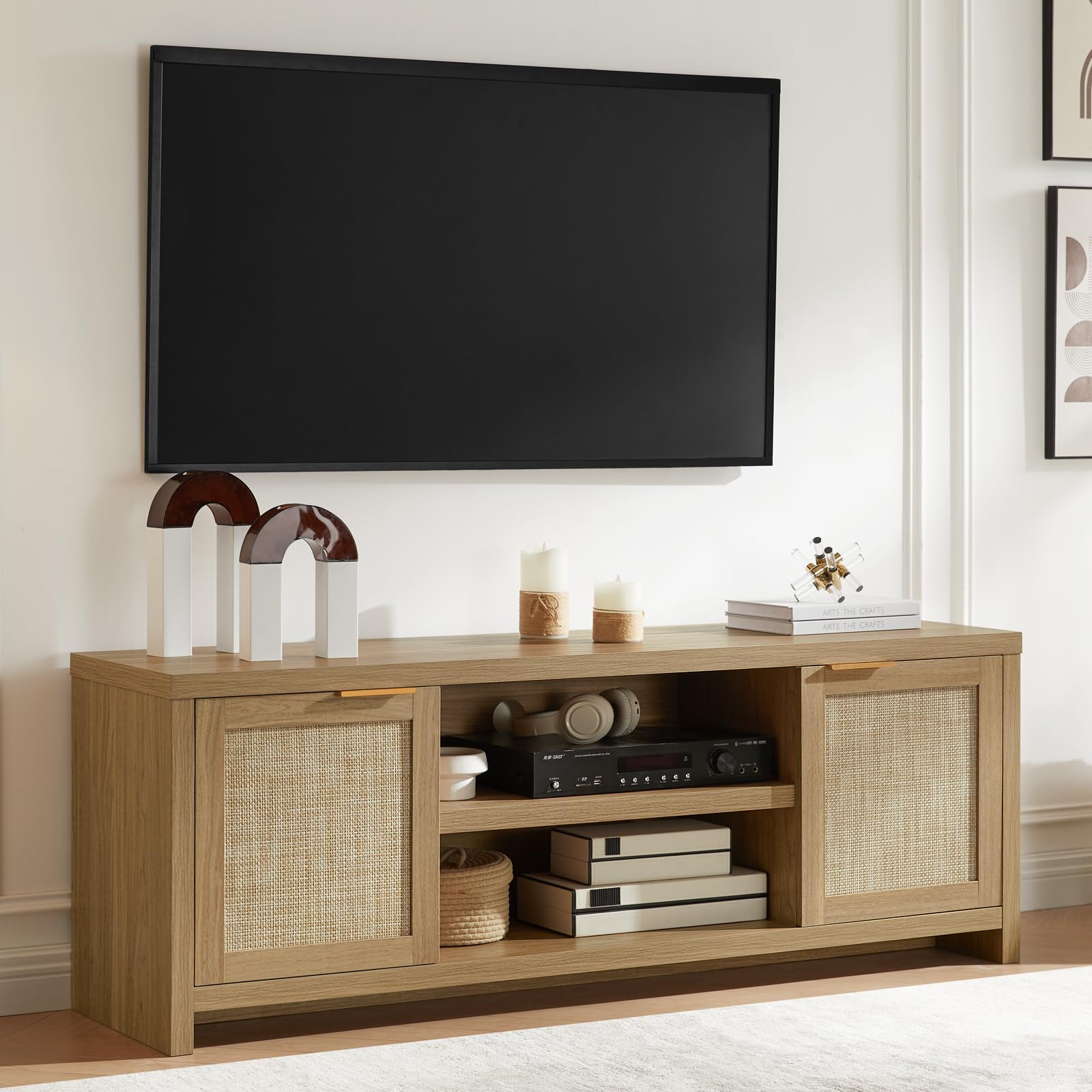 OAKHAM HOMEHampstead TV Stand for Living Room, Modern Entertainment Center for 65 inch TV, 2 Rattan Doors Cabinet Media Console, TV Console Table with Soft Hinge Door and Handle (Weathered Oak)