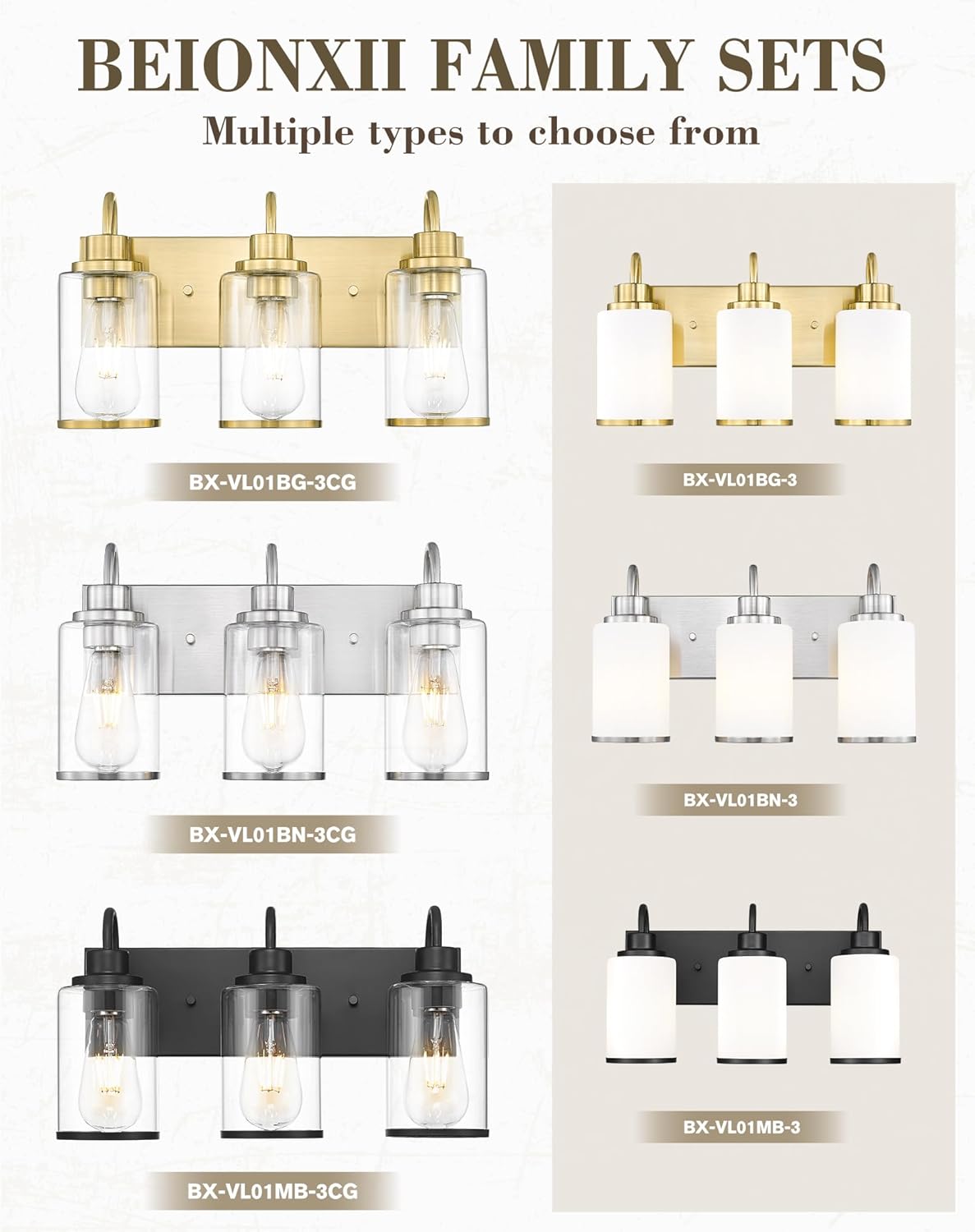 Beionxii 3-Light Bathroom Light Fixtures, Brushed Nickel Bathroom Light Fixtures Over Mirror, Bathroom Vanity Light with Clear Glass Shade, Modern Vanity Lighting for LivingRoom Hallway, BX-VL01BN-3CG