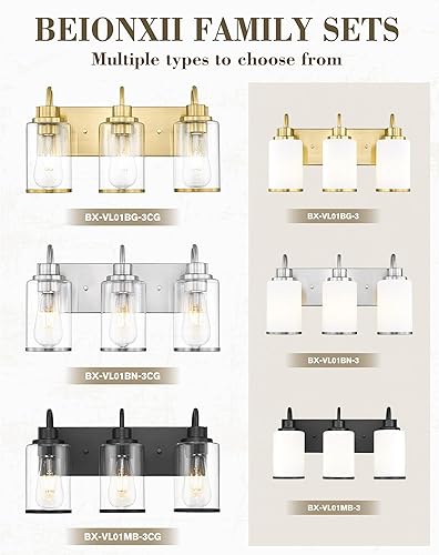 Miniatura 7 de Beionxii BX-VL01BG-3CG - Lámpara de tocador de baño, 3 lámparas doradas claras con pantalla de cristal transparente, accesorios de iluminación